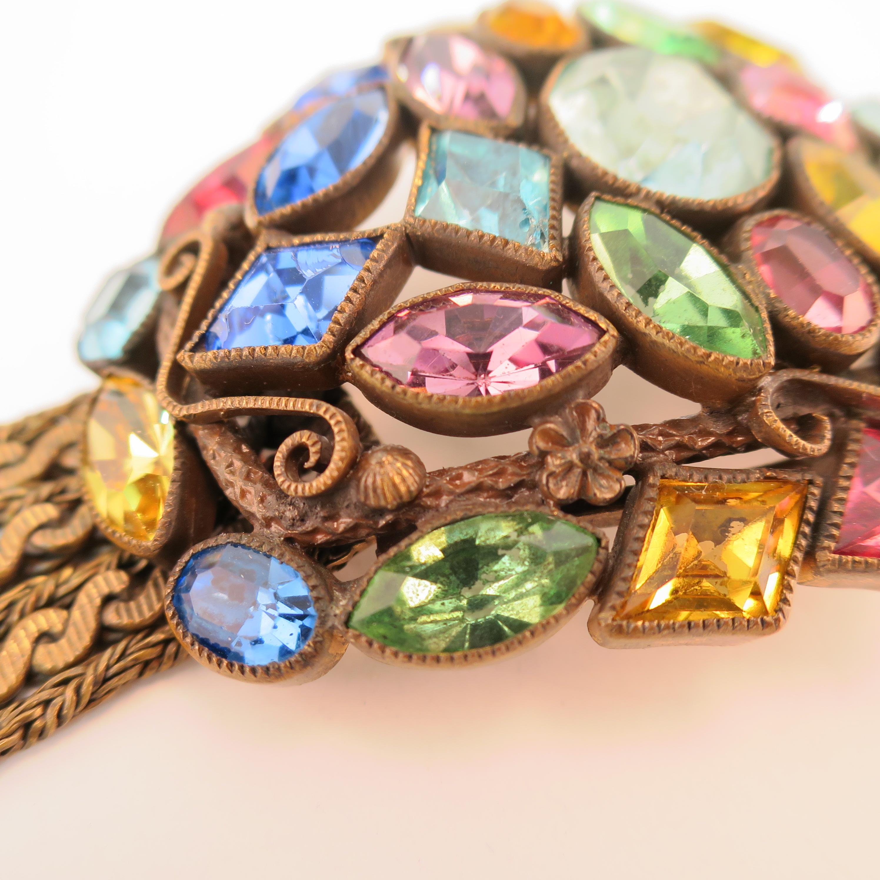 Czech Art Deco Jewel-Tone Bohemian Crystal & Chains Bracelet 1920s For Sale 2