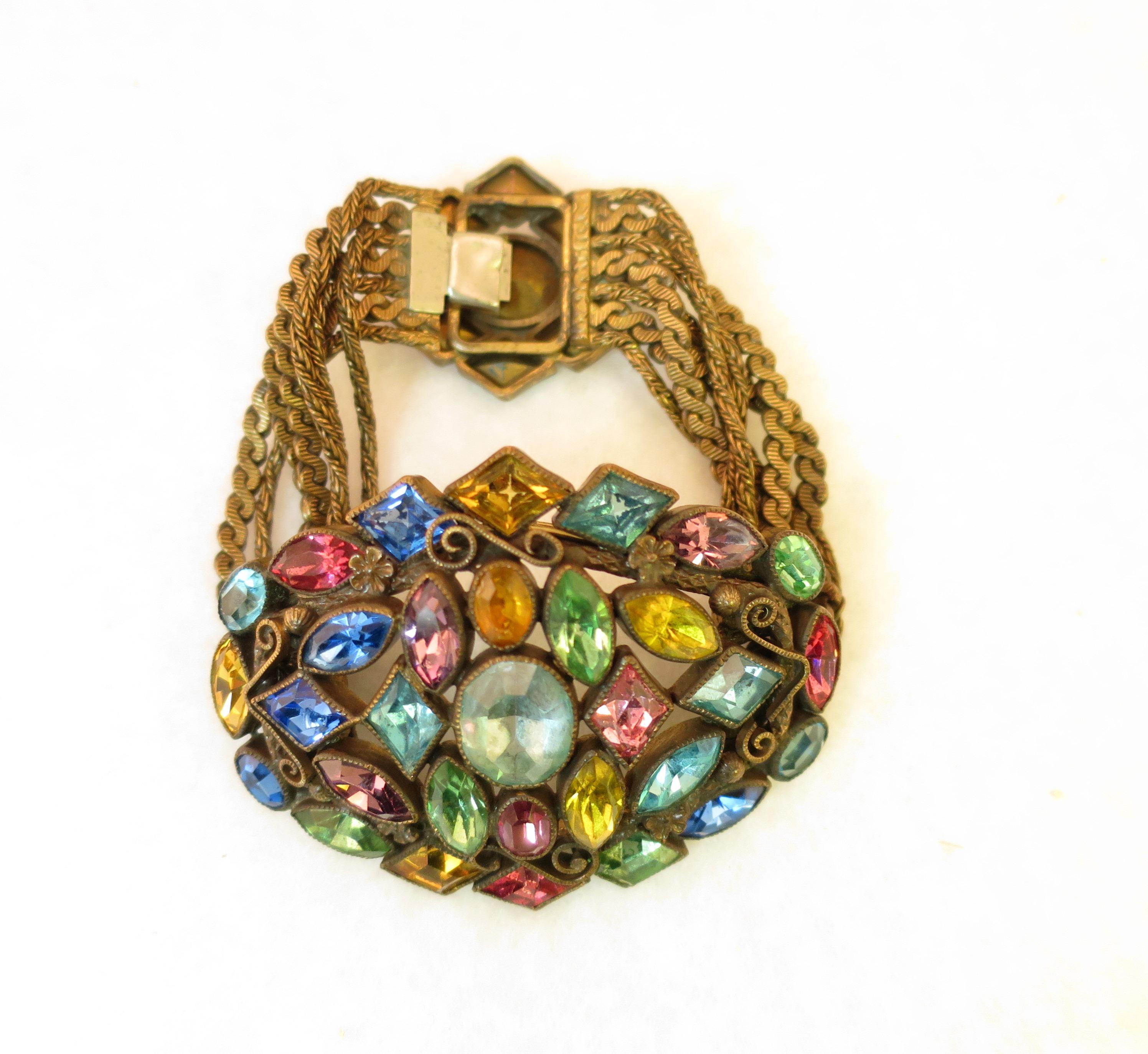 Czech Art Deco Jewel-Tone Bohemian Crystal & Chains Bracelet 1920s im Angebot 2