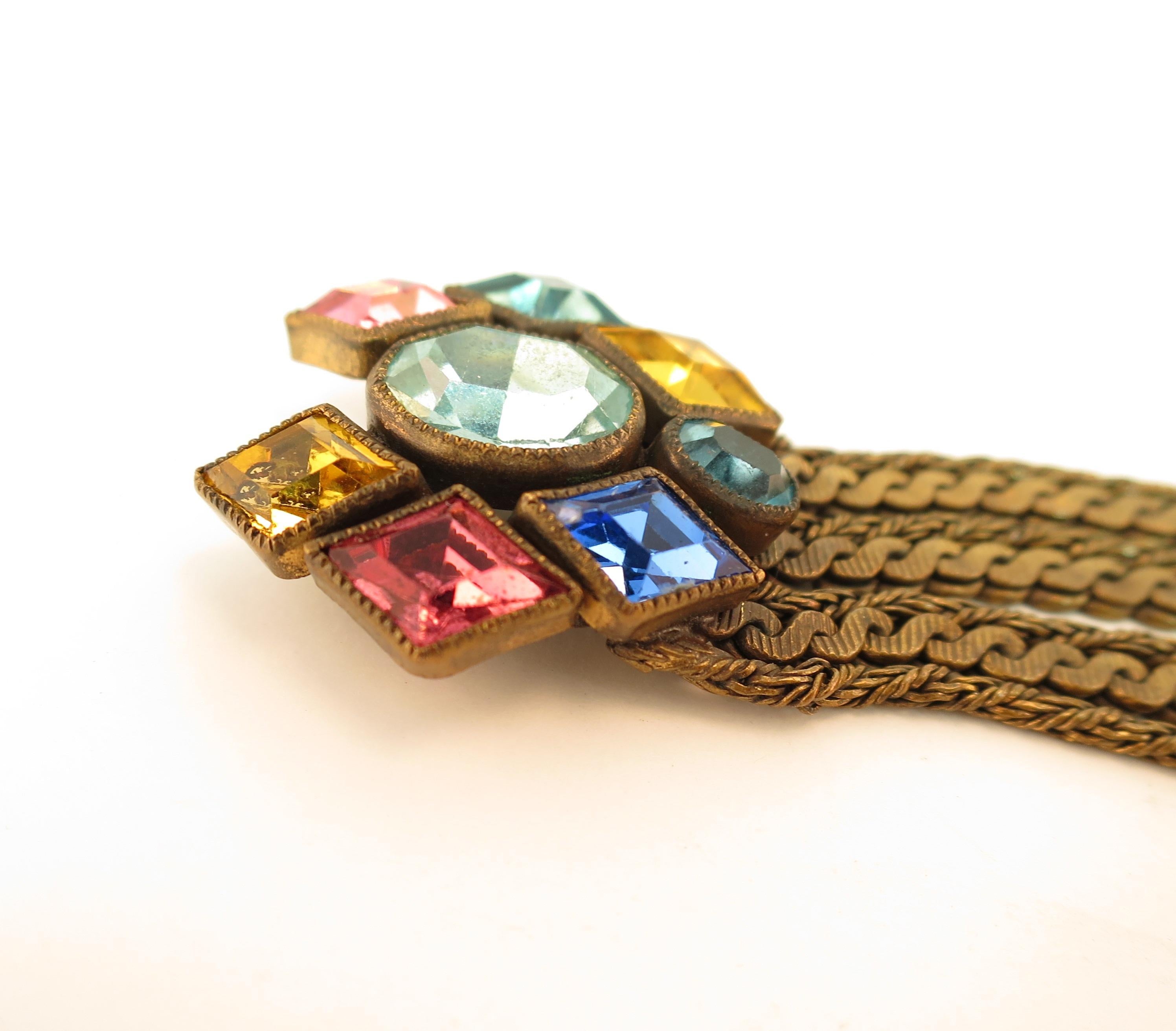Czech Art Deco Jewel-Tone Bohemian Crystal & Chains Bracelet 1920s im Angebot 3