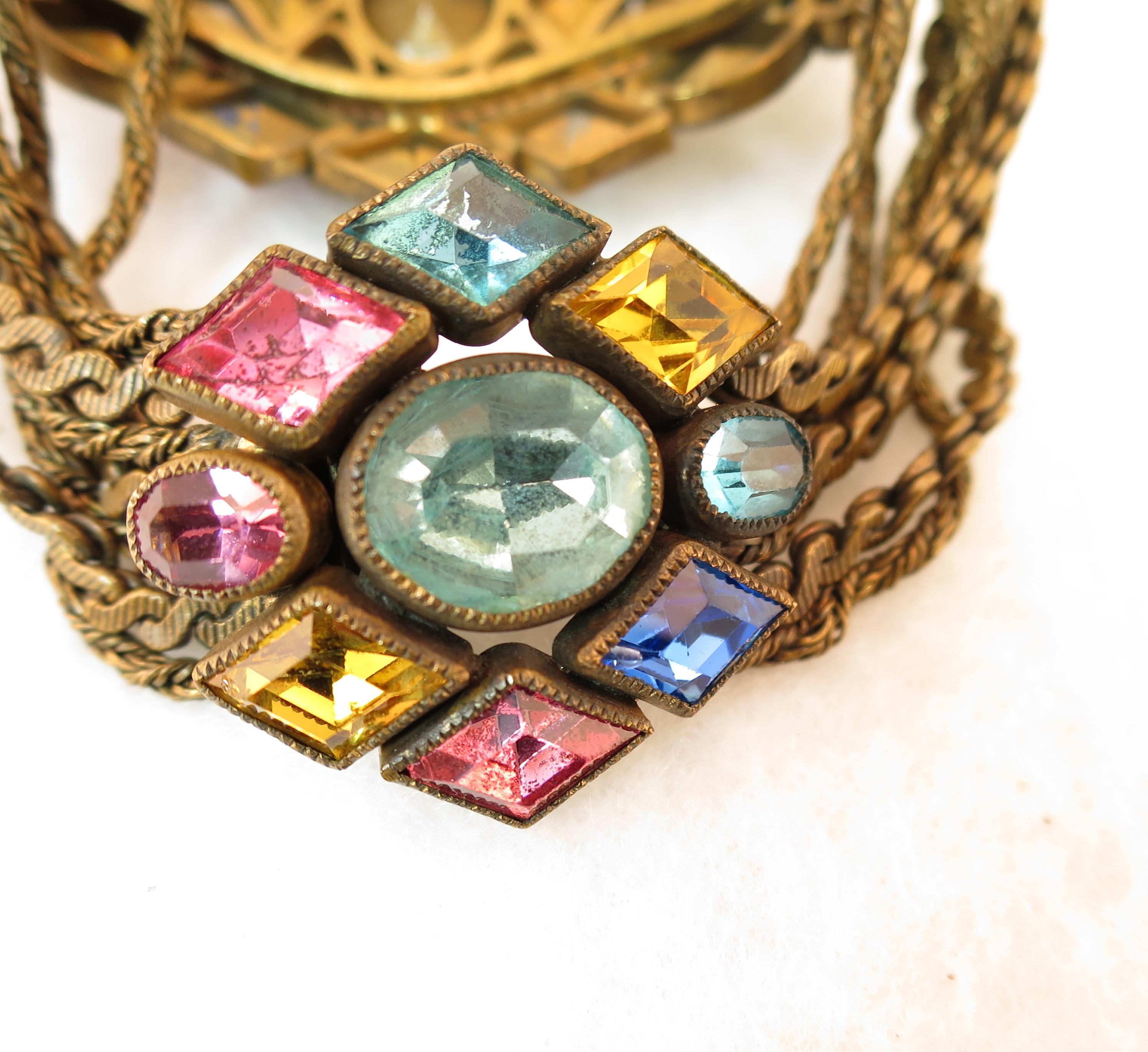 Czech Art Deco Jewel-Tone Bohemian Crystal & Chains Bracelet 1920s im Angebot 7