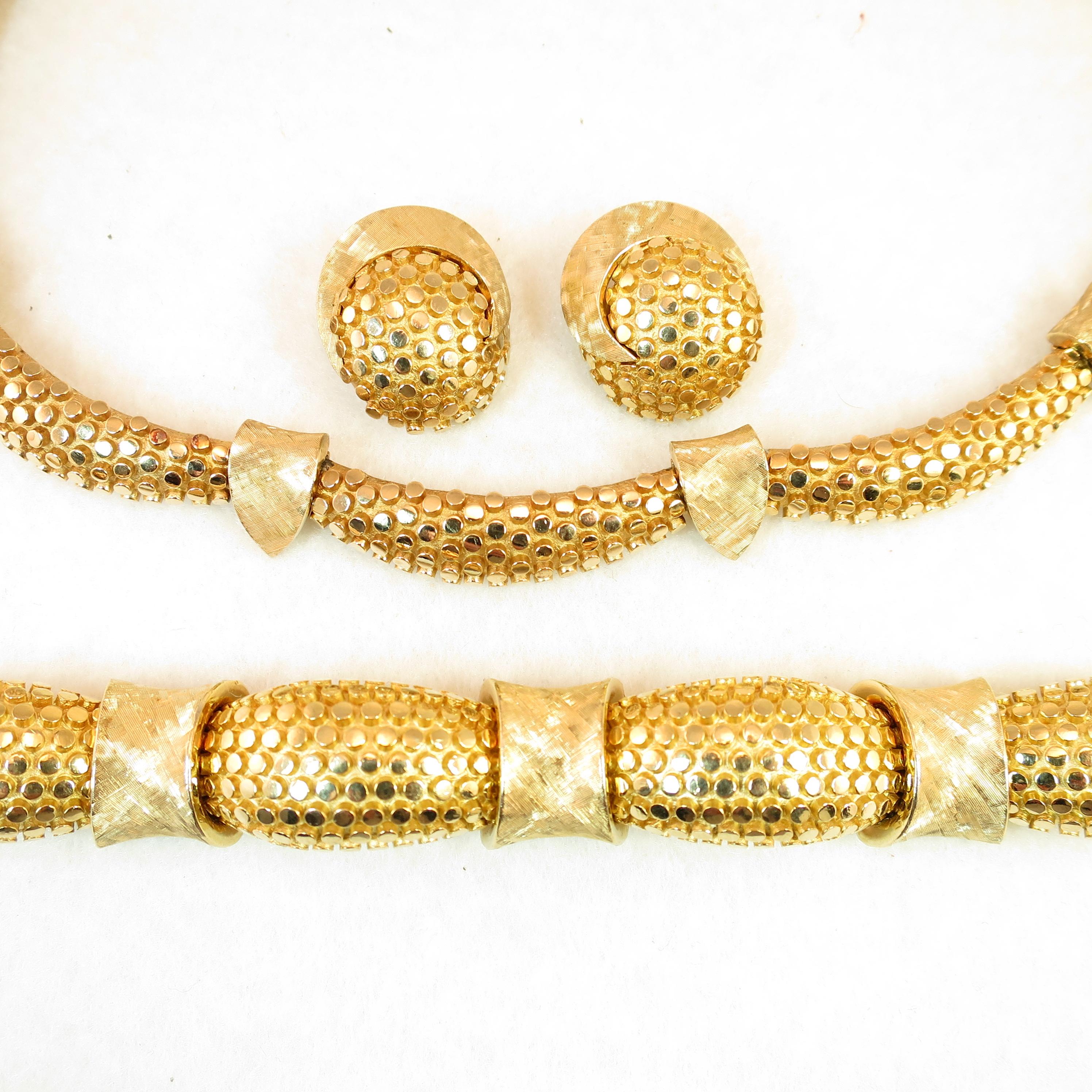 Women's Marcel Boucher Gilded Nailhead Parure, Necklace, Bracelet, Earrings 1950s For Sale