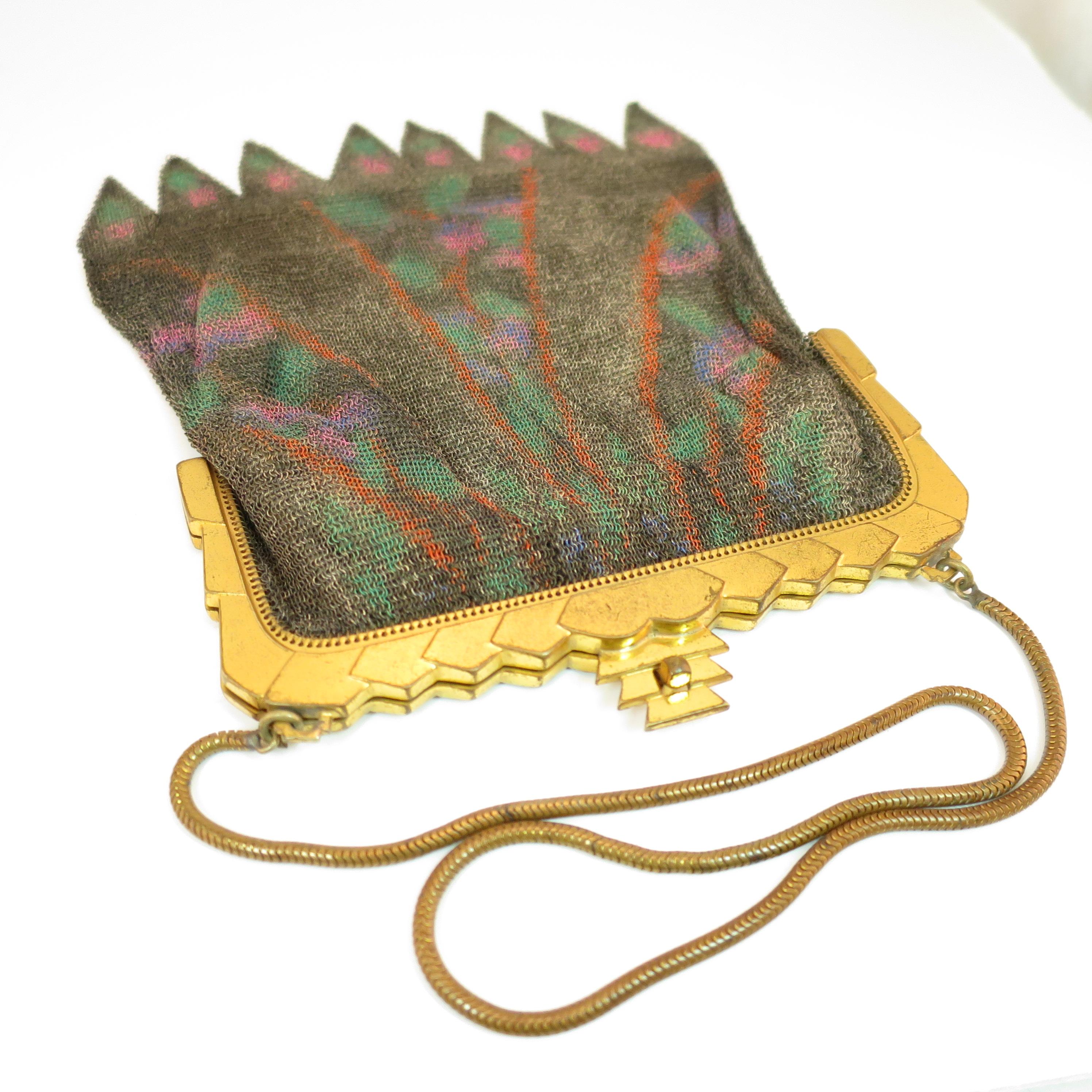 Whiting & Davis Deco Hand-Tinted Dresden Mesh Evening Purse 1920s In Good Condition For Sale In Burbank, CA