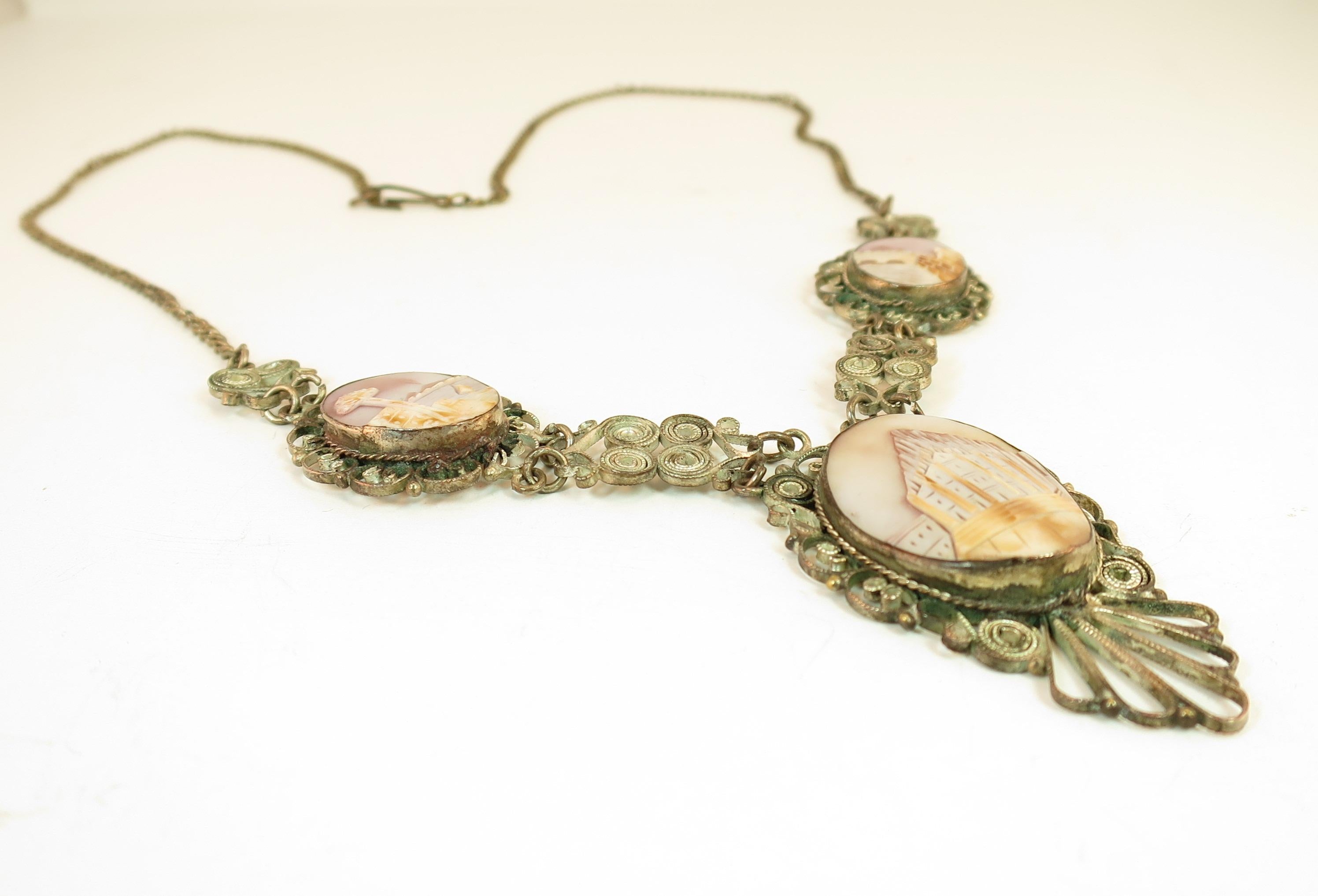 Victorian-Style Landscape Shell Cameo Filigree Necklace Italy 1950s For Sale 1