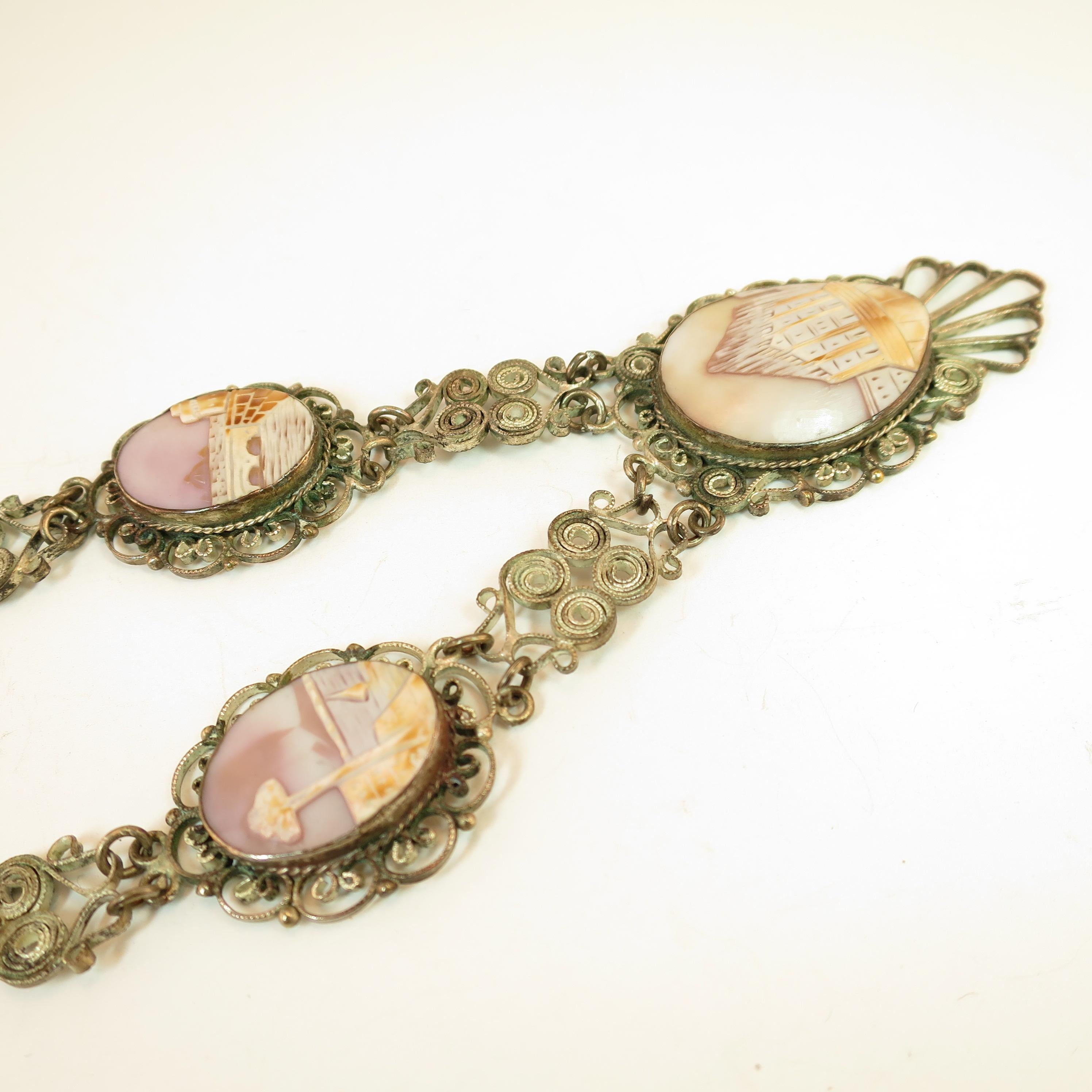 Victorian-Style Landscape Shell Cameo Filigree Necklace Italy 1950s For Sale 2