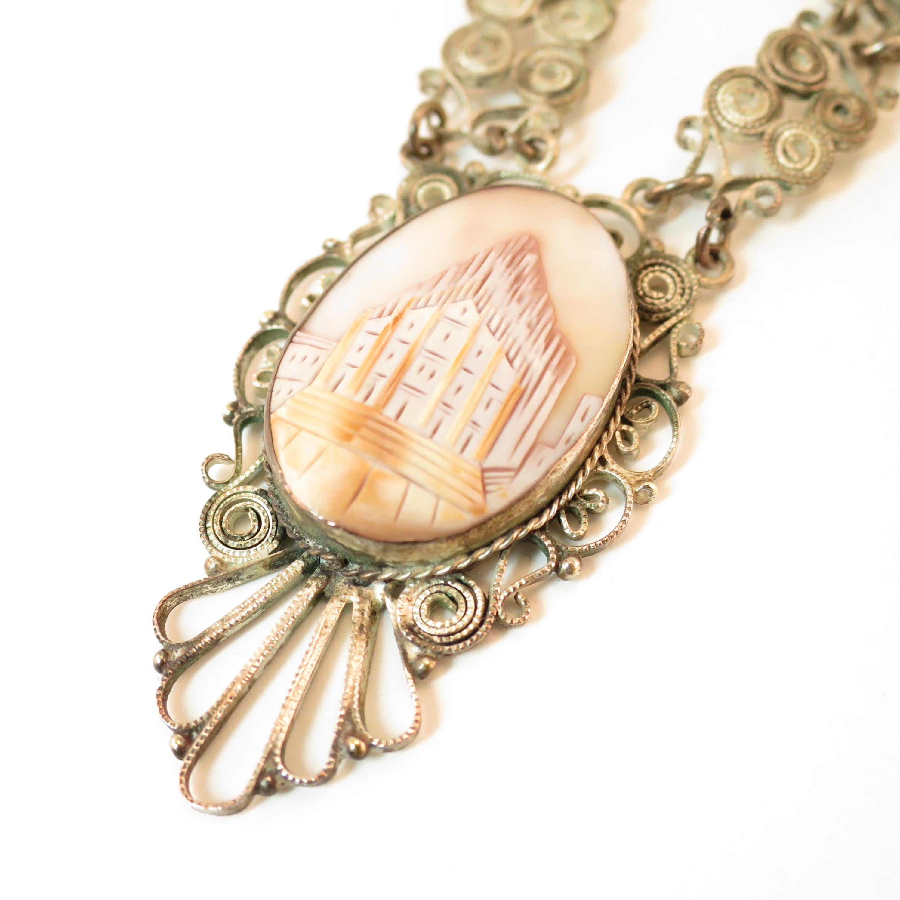 Victorian-Style Landscape Shell Cameo Filigree Necklace Italy 1950s For Sale 3