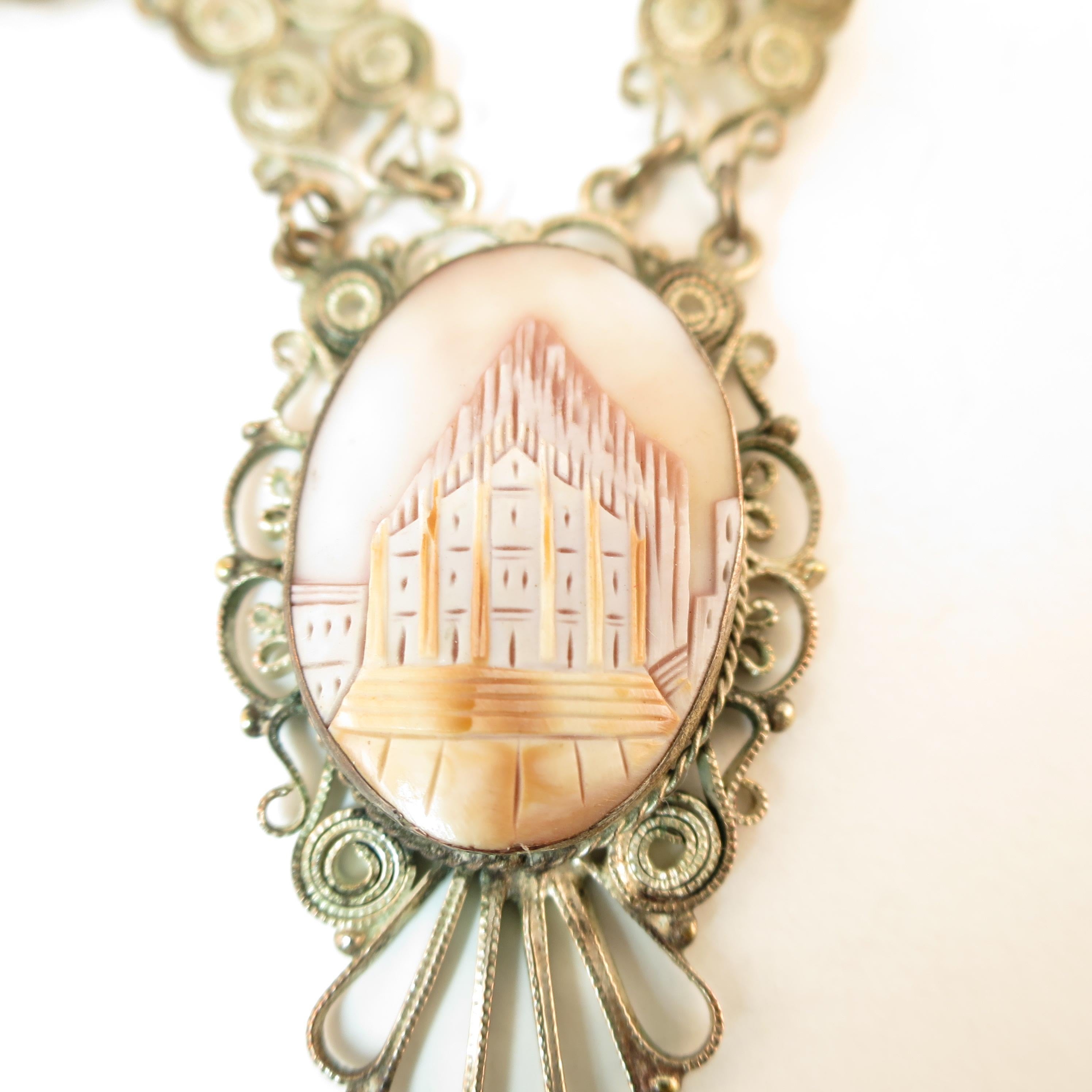 Victorian-Style Landscape Shell Cameo Filigree Necklace Italy 1950s For Sale 5