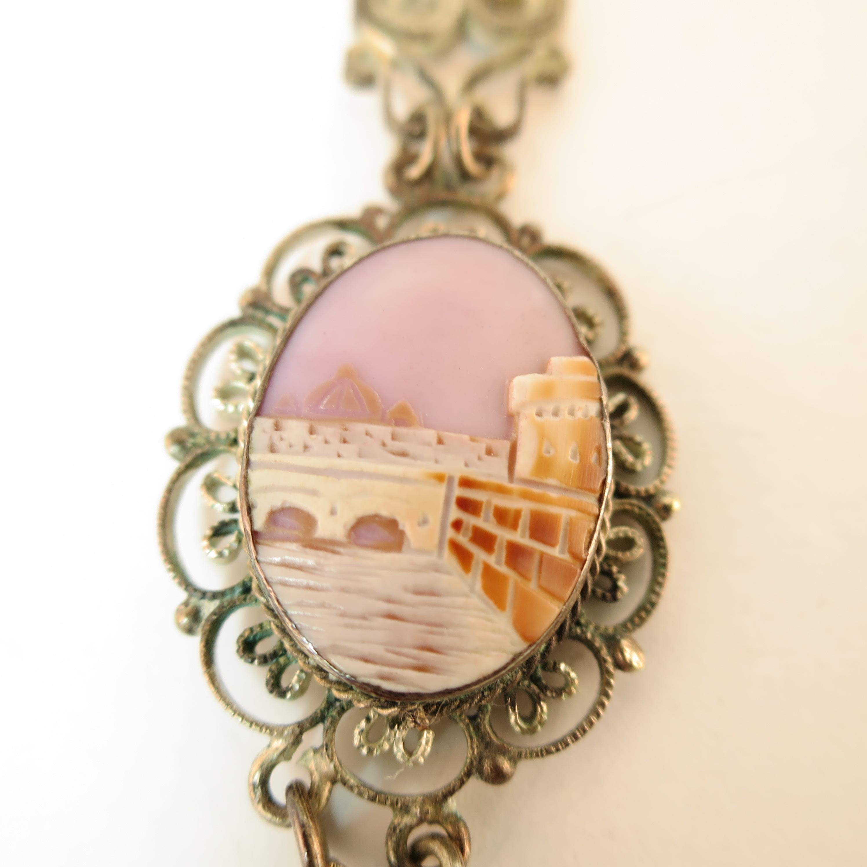 Victorian-Style Landscape Shell Cameo Filigree Necklace Italy 1950s For Sale 7
