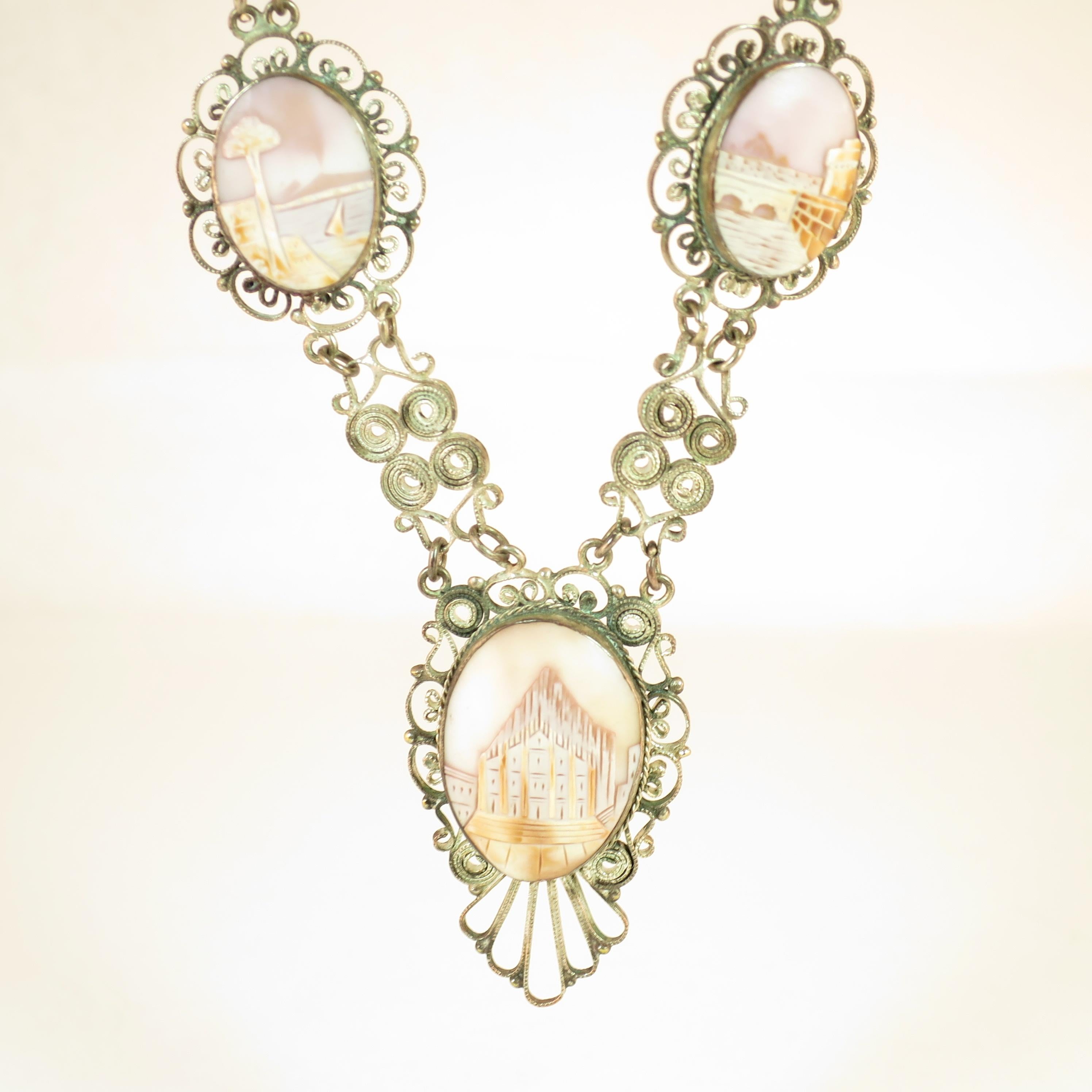 Victorian-Style Landscape Shell Cameo Filigree Necklace Italy 1950s For Sale 8