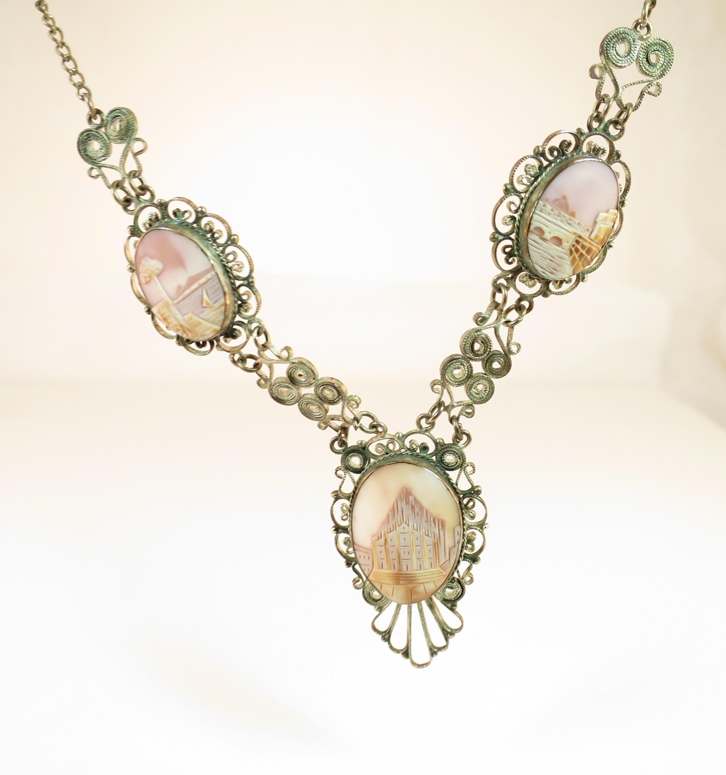 Victorian-Style Landscape Shell Cameo Filigree Necklace Italy 1950s For Sale 9