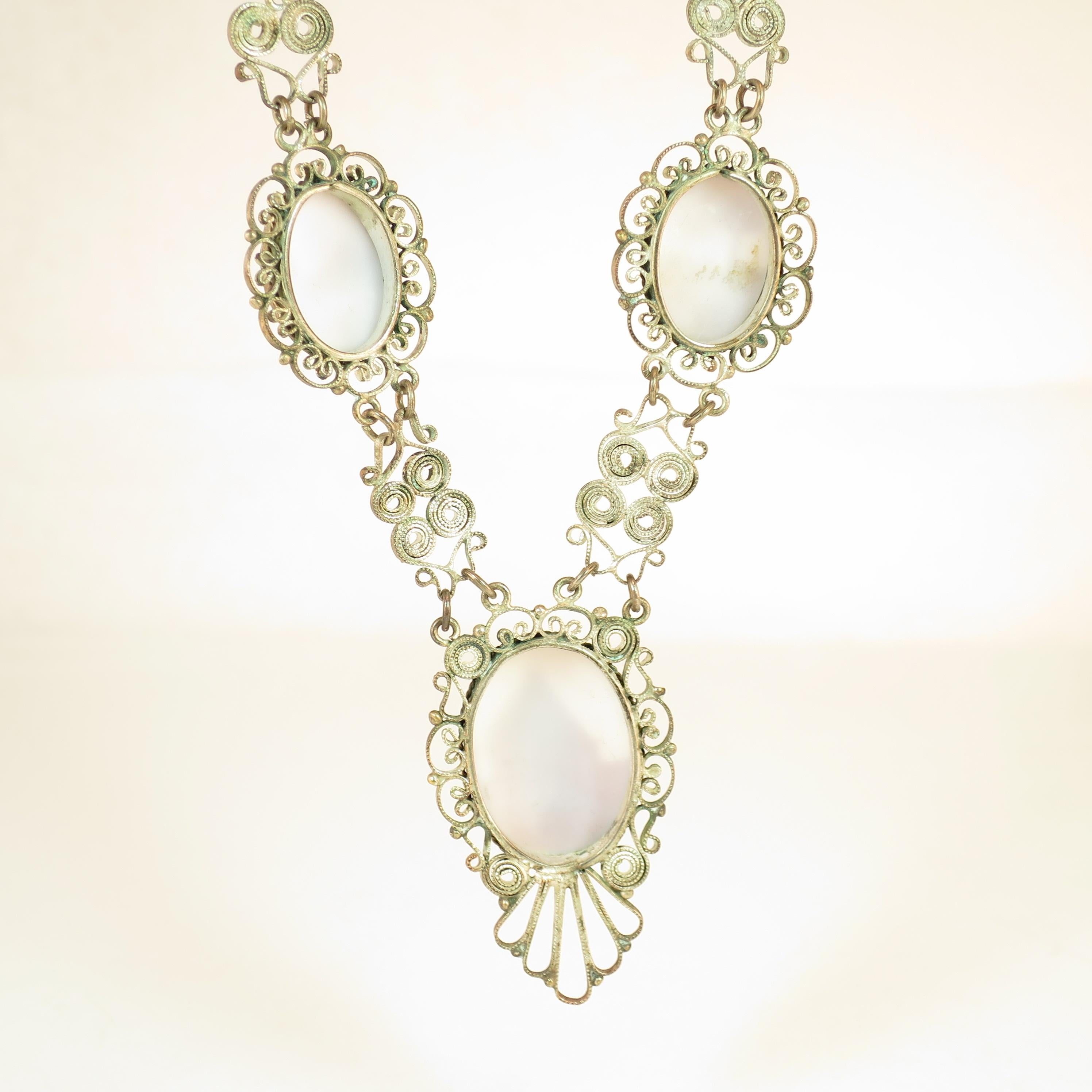 Victorian-Style Landscape Shell Cameo Filigree Necklace Italy 1950s For Sale 10