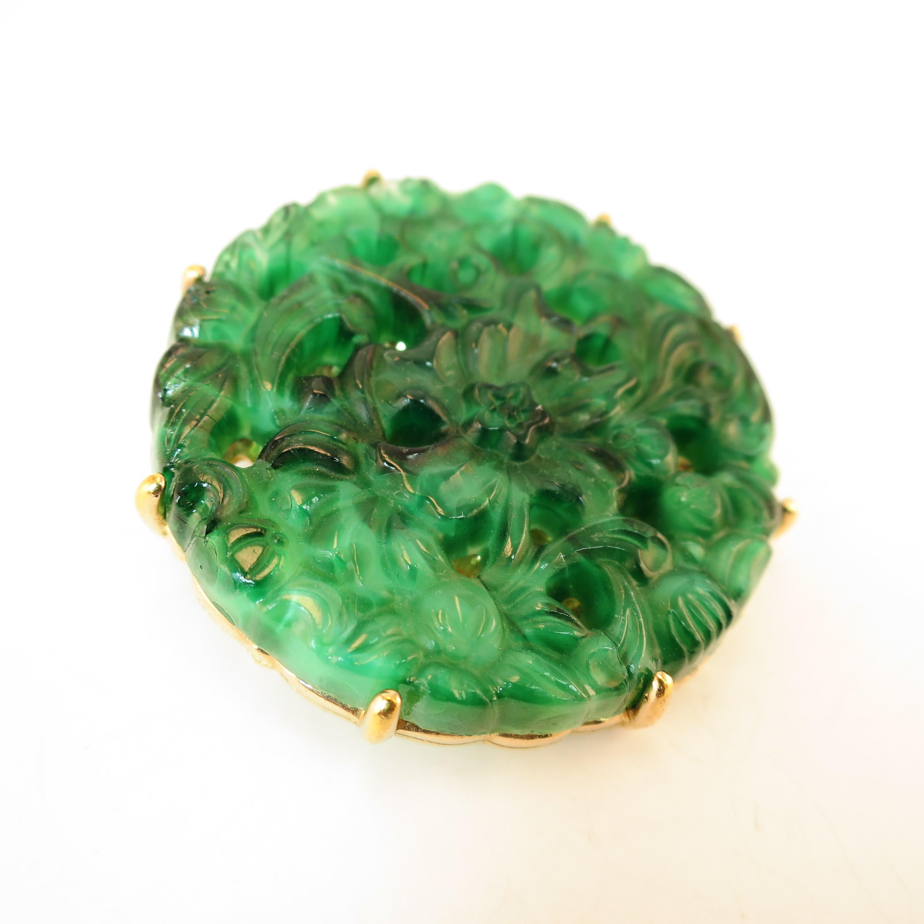 Ciner Asian Carved Jade Glass Brooch Suite 1950s In Good Condition In Burbank, CA