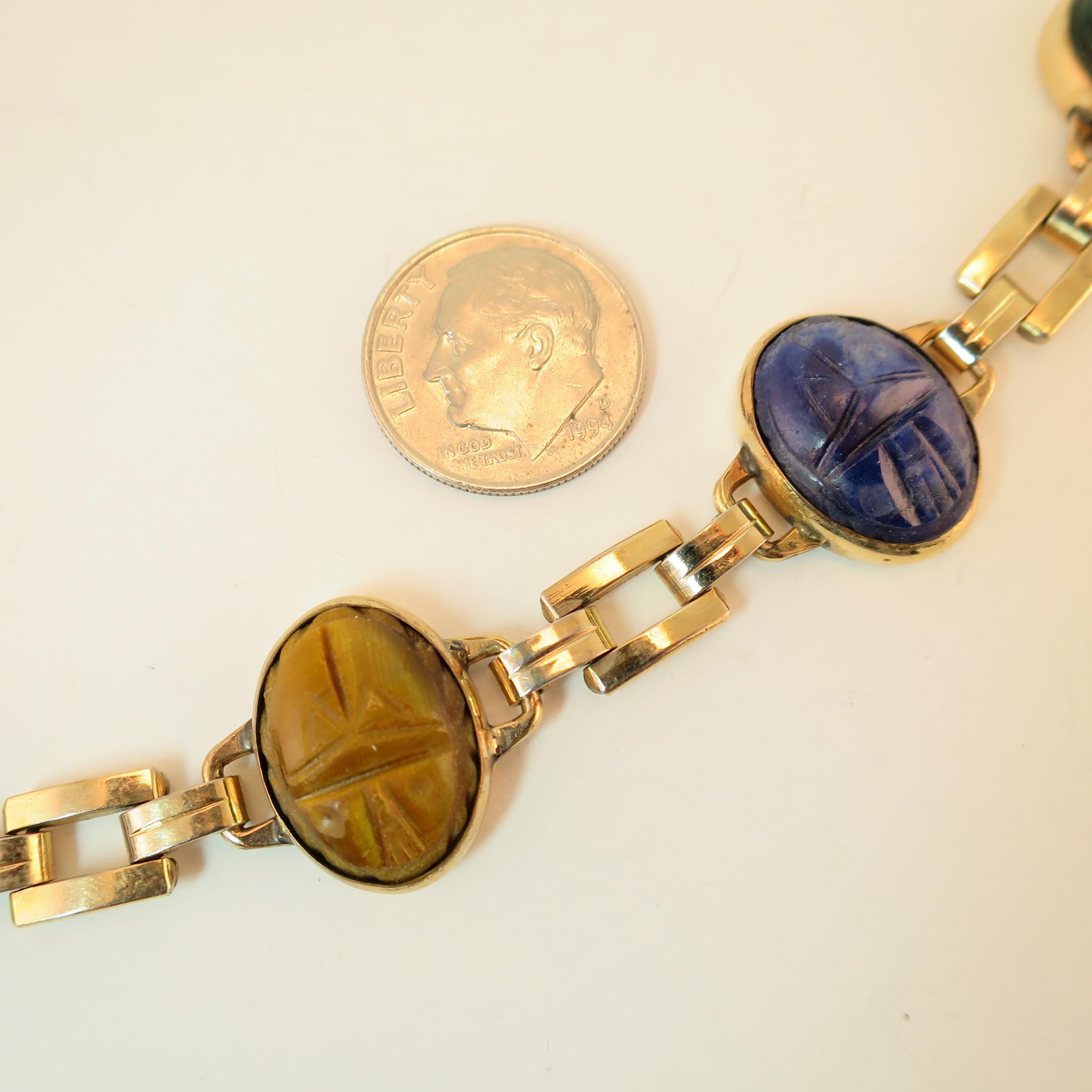 Art Deco Egyptian Revival Engel Bros. Semi-Precious Scarab Bracelet 1930s In Good Condition In Burbank, CA