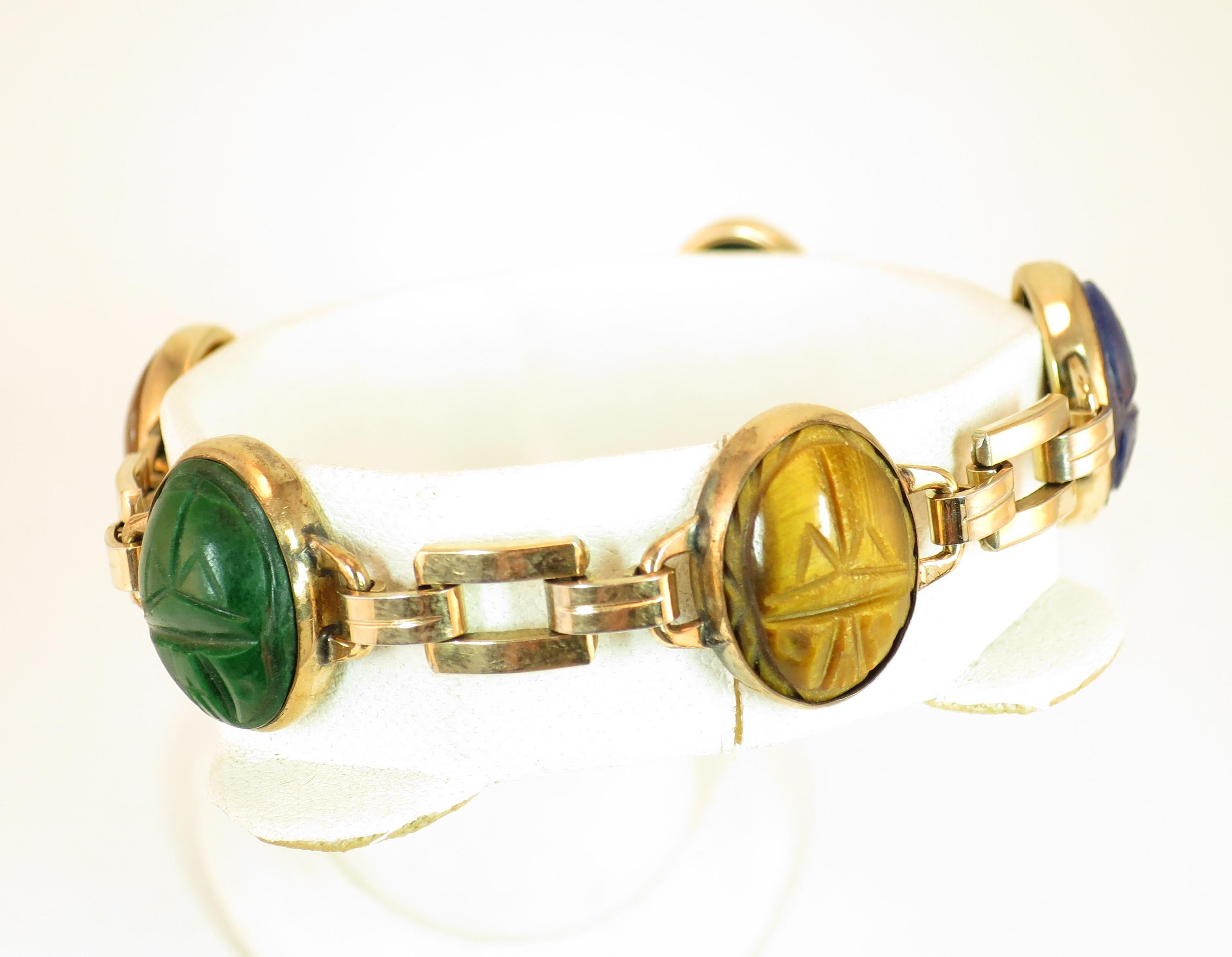 Art Deco Egyptian Revival Engel Bros. Semi-Precious Scarab Bracelet 1930s 6