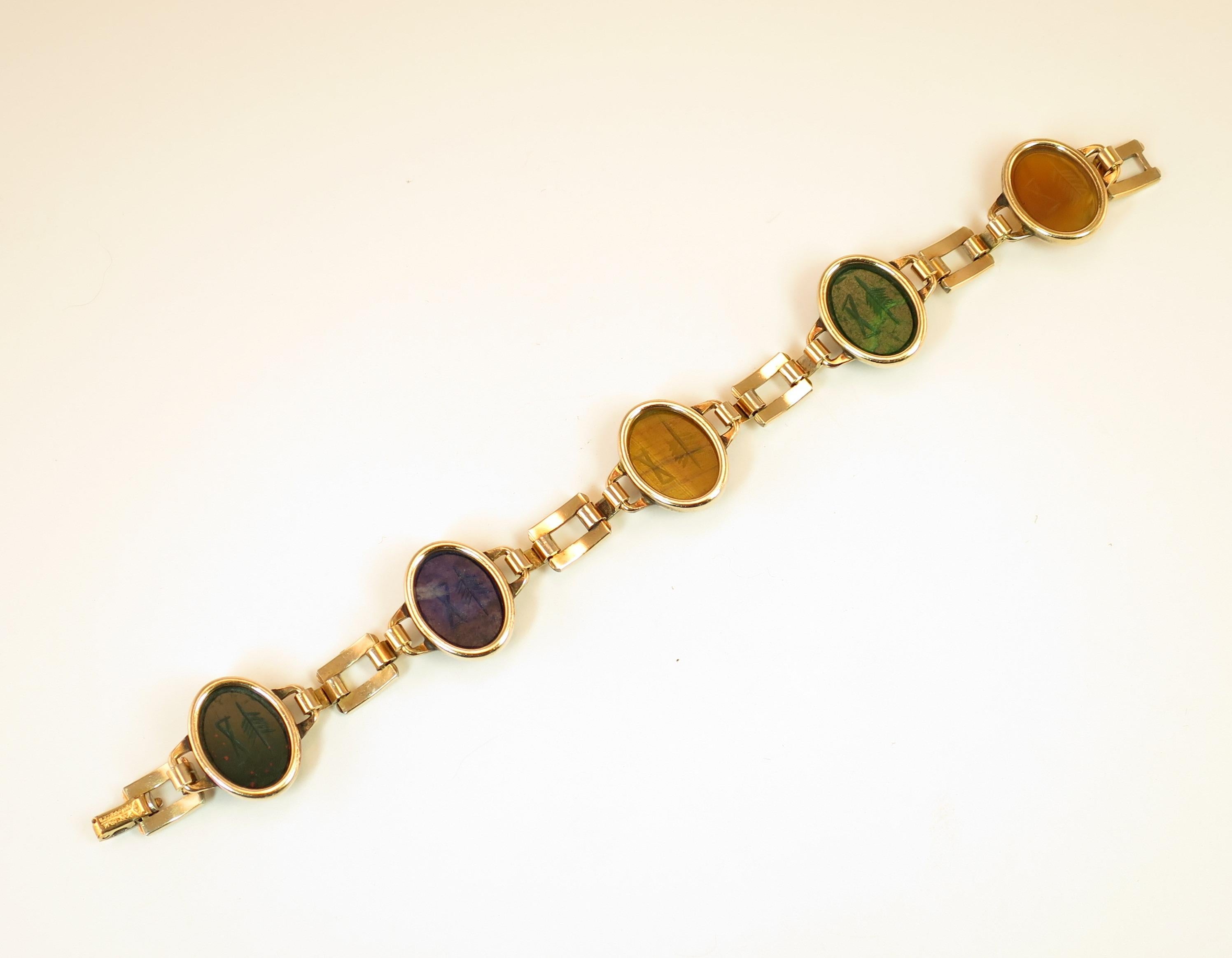Art Deco Egyptian Revival Engel Bros. Semi-Precious Scarab Bracelet 1930s 8