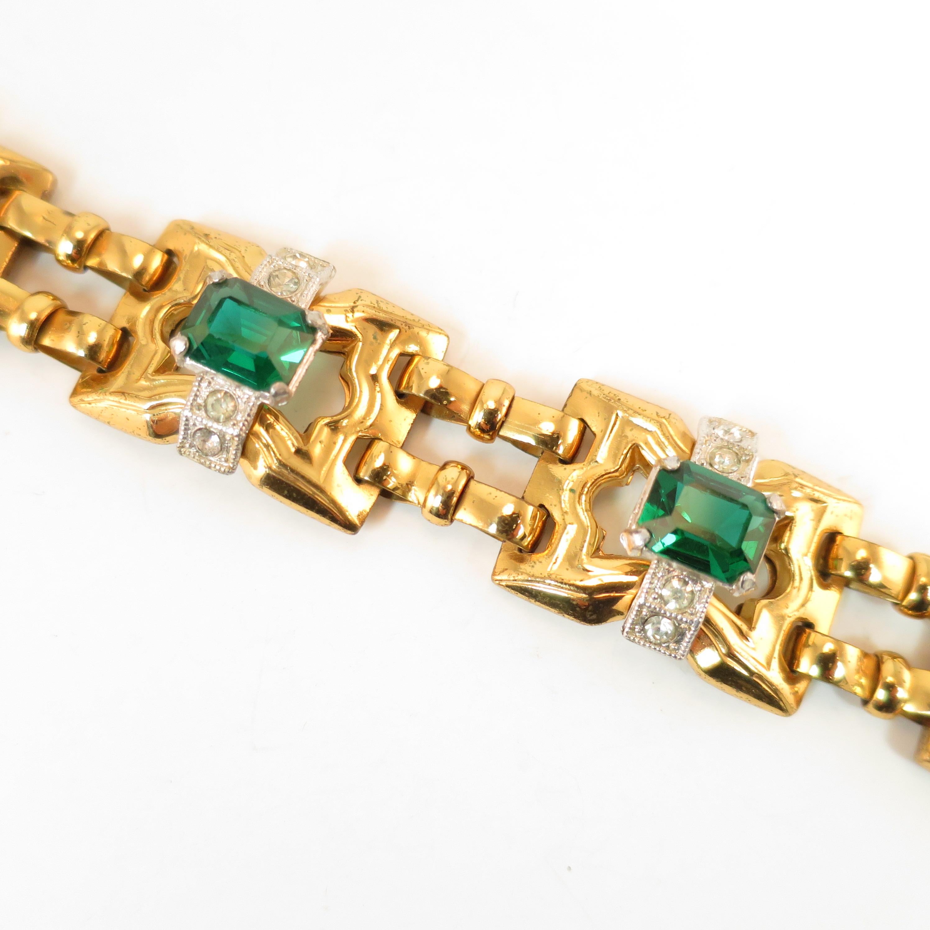 Art Deco McClelland Barclay Geometric Emerald Bracelet 1930s In Good Condition For Sale In Burbank, CA