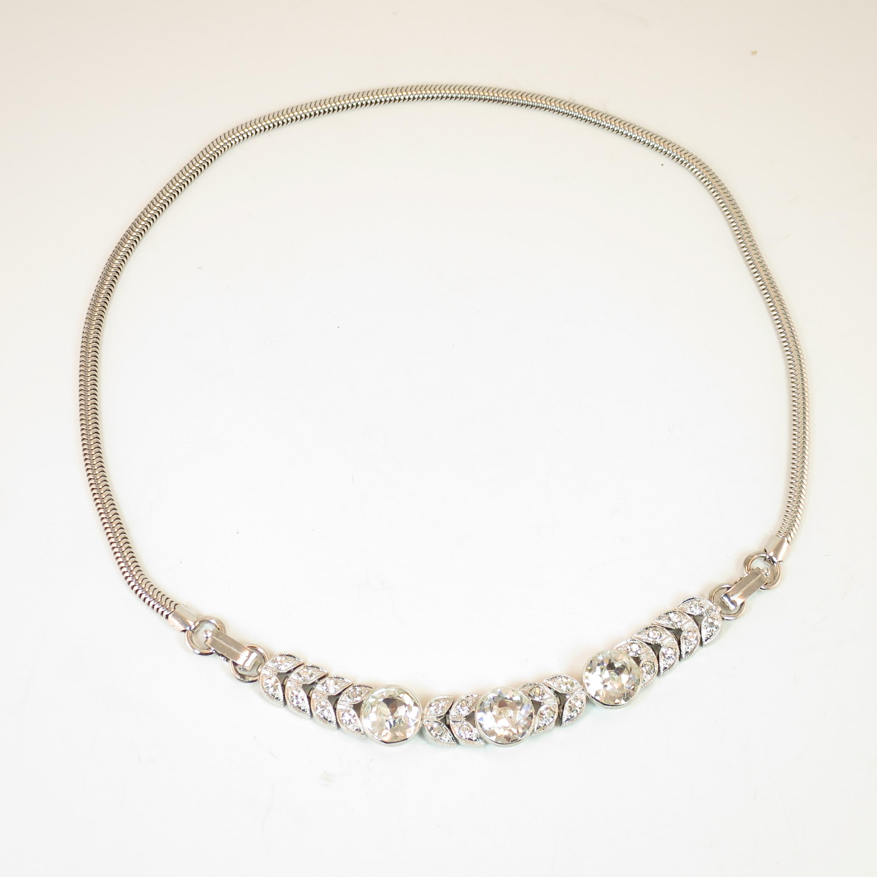 Art Deco Engel Brothers Rhodium Sterling & Crystal Necklace In Excellent Condition For Sale In Burbank, CA