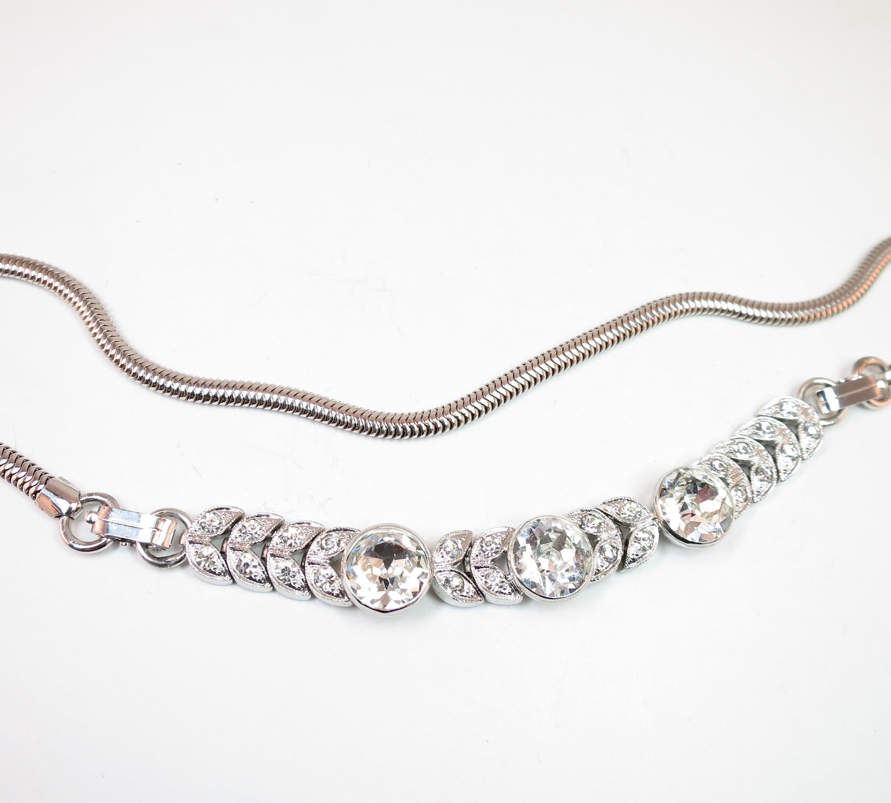 Art Deco Engel Brothers Rhodium Sterling & Crystal Necklace For Sale 3