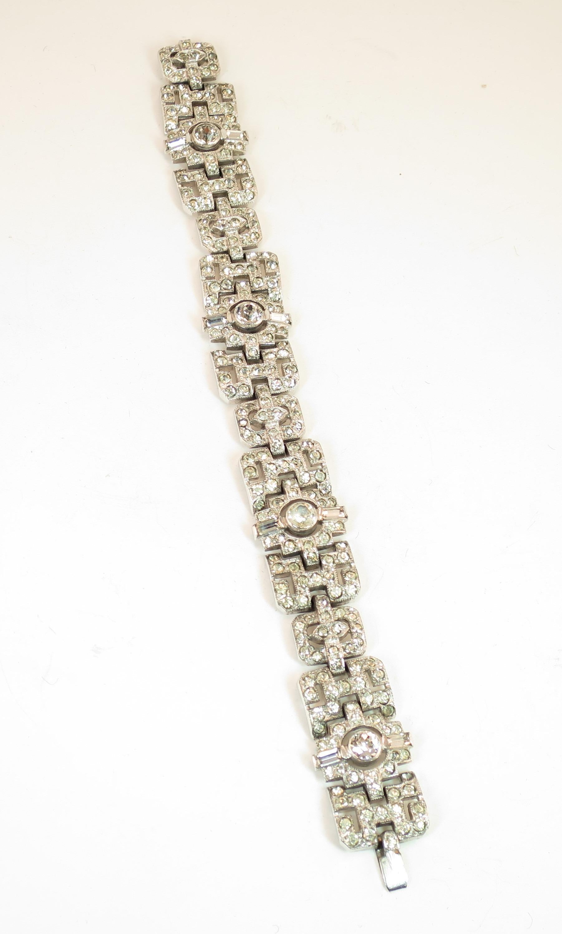 Women's Art Deco KTF Trifari Rhodium Crystal Bracelet by Alfred Phillippe 1930s For Sale
