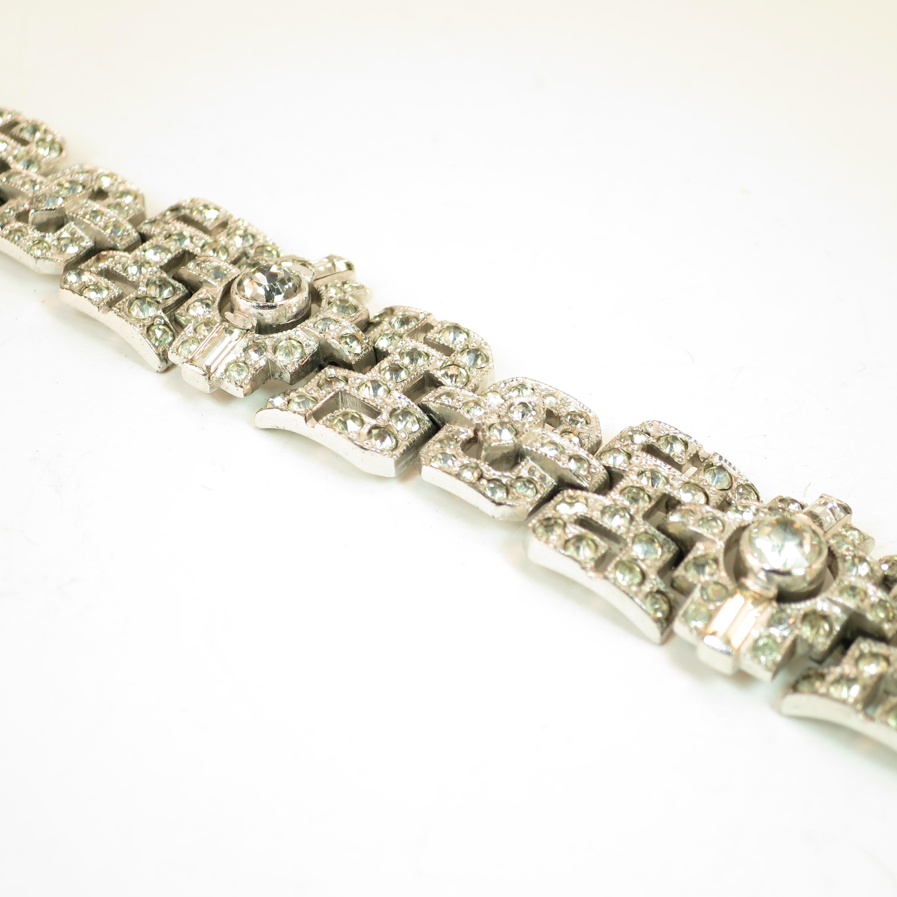 Art Deco KTF Trifari Rhodium Crystal Bracelet by Alfred Phillippe 1930s For Sale 3