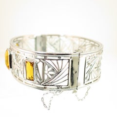 Art Deco Nu-Wite Rhodium & Amber Crystal Spiderweb Filigree Cuff Bracelet