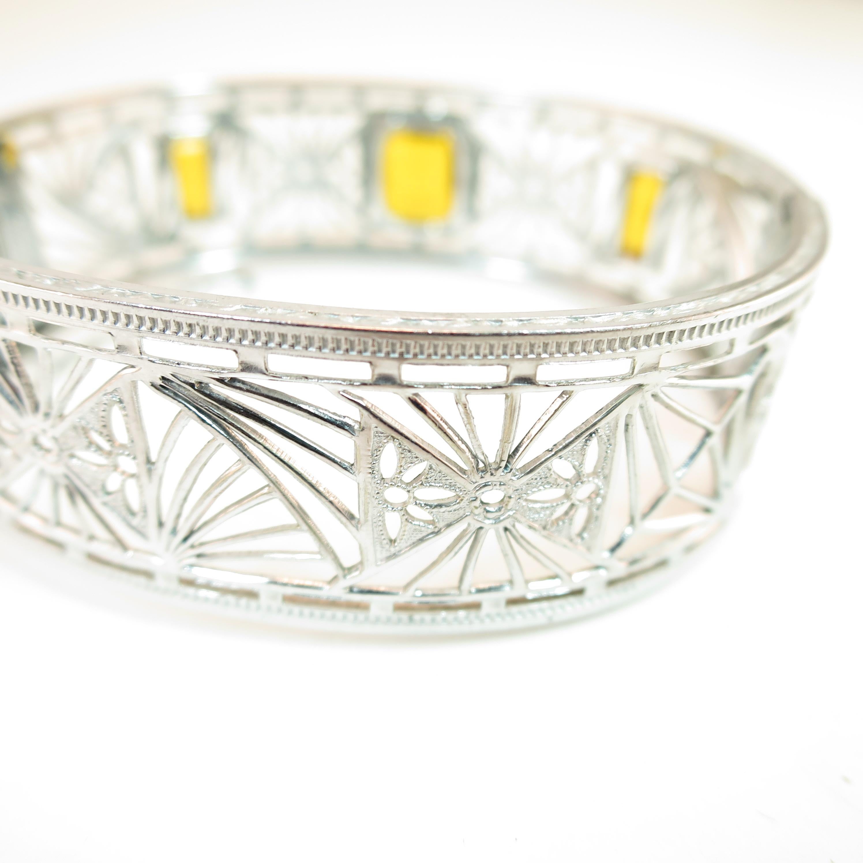 Art Deco Nu-Wite Rhodium & Amber Crystal Spiderweb Filigree Cuff Bracelet For Sale 2