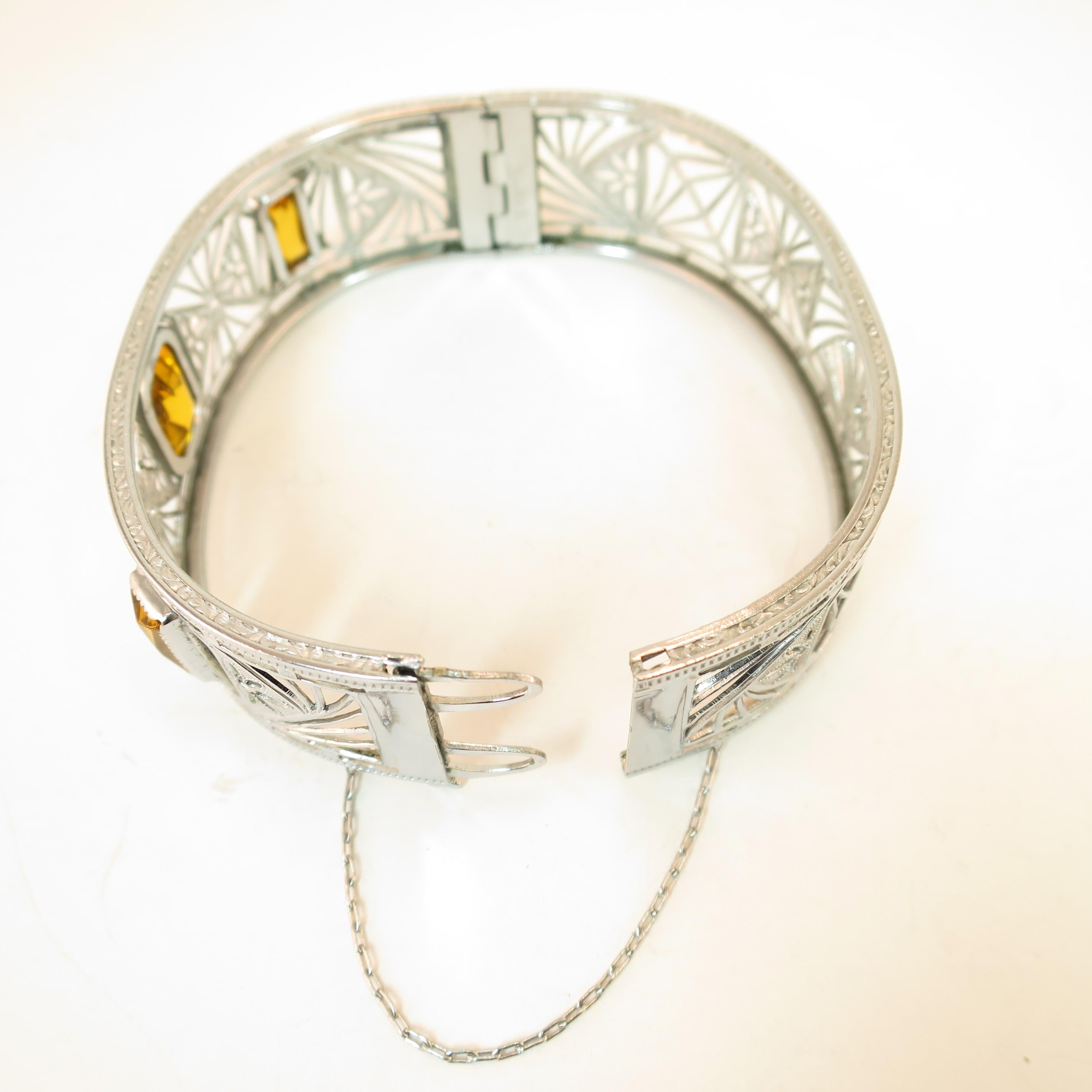 Art Deco Nu-Wite Rhodium & Amber Crystal Spiderweb Filigree Cuff Bracelet For Sale 4