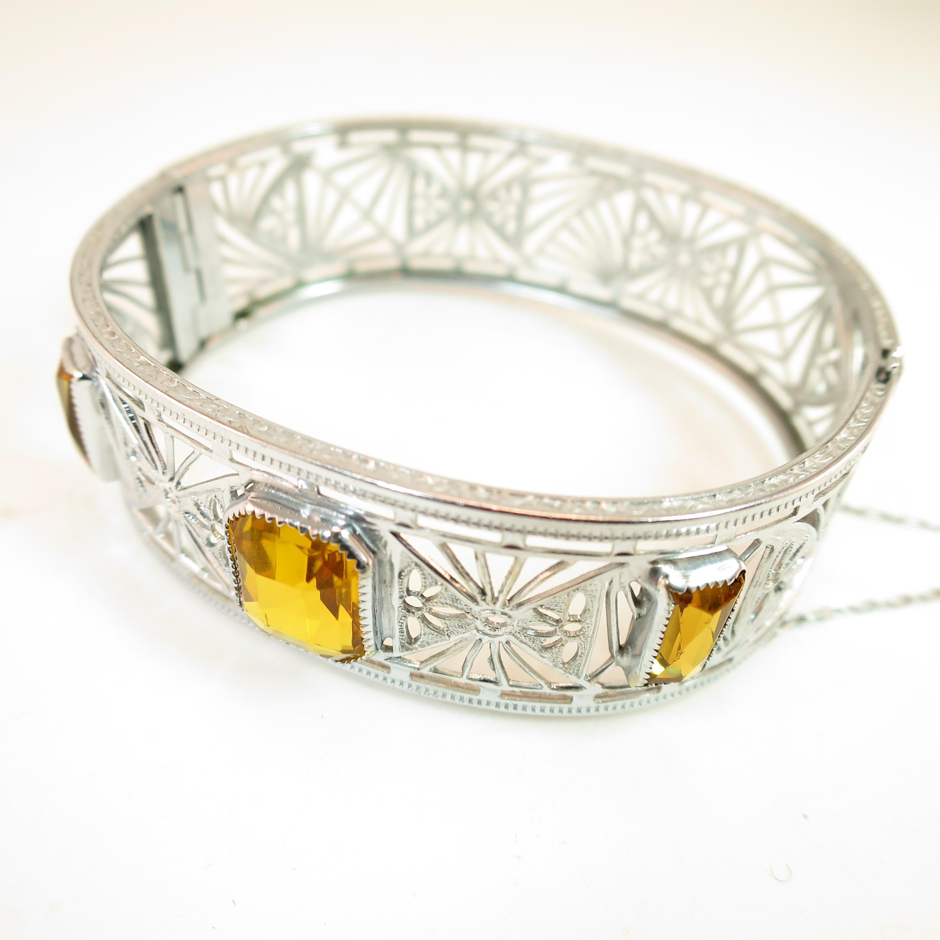 Art Deco Nu-Wite Rhodium & Amber Crystal Spiderweb Filigree Cuff Bracelet For Sale 6