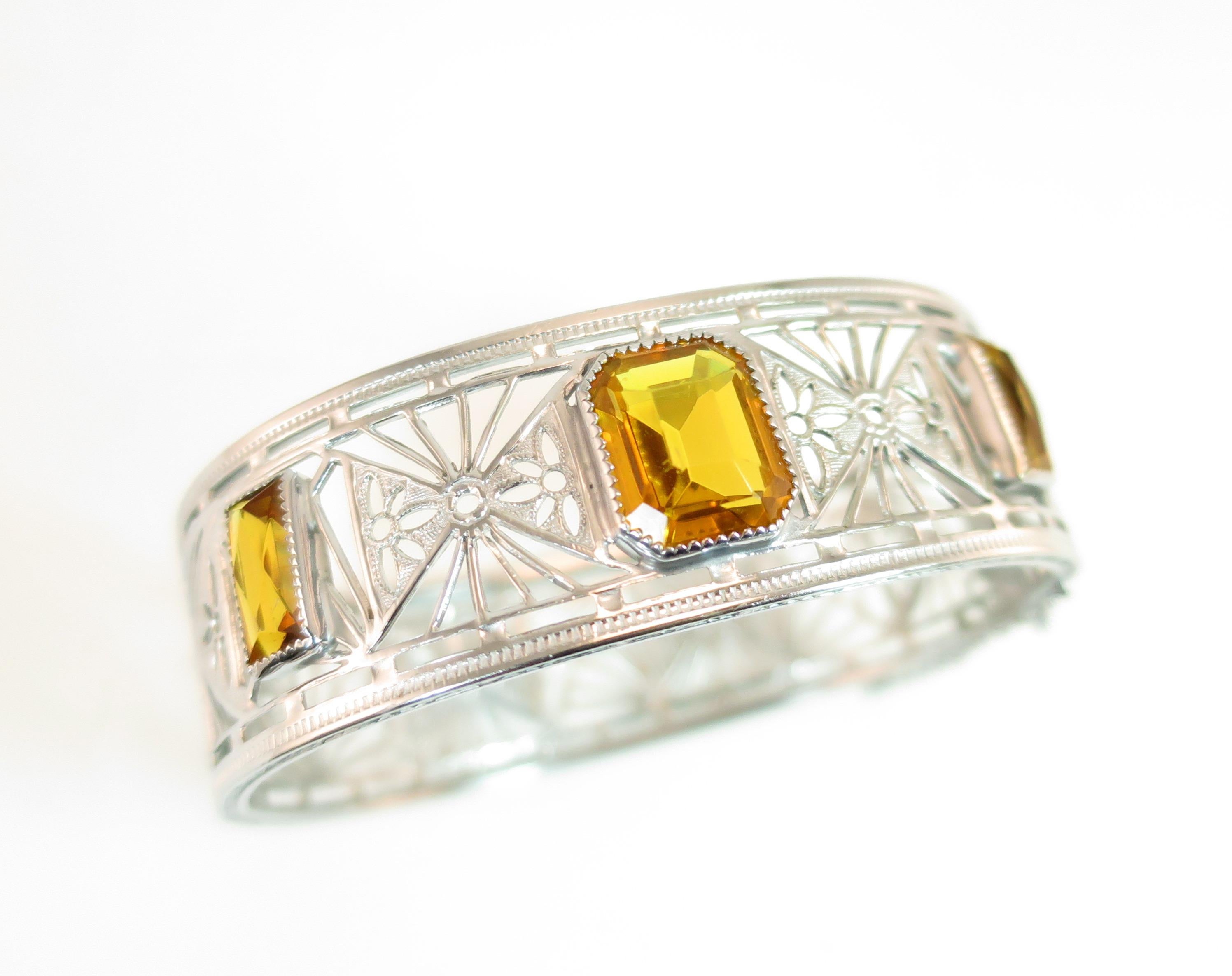 Art Deco Nu-Wite Rhodium & Amber Crystal Spiderweb Filigree Cuff Bracelet For Sale 7