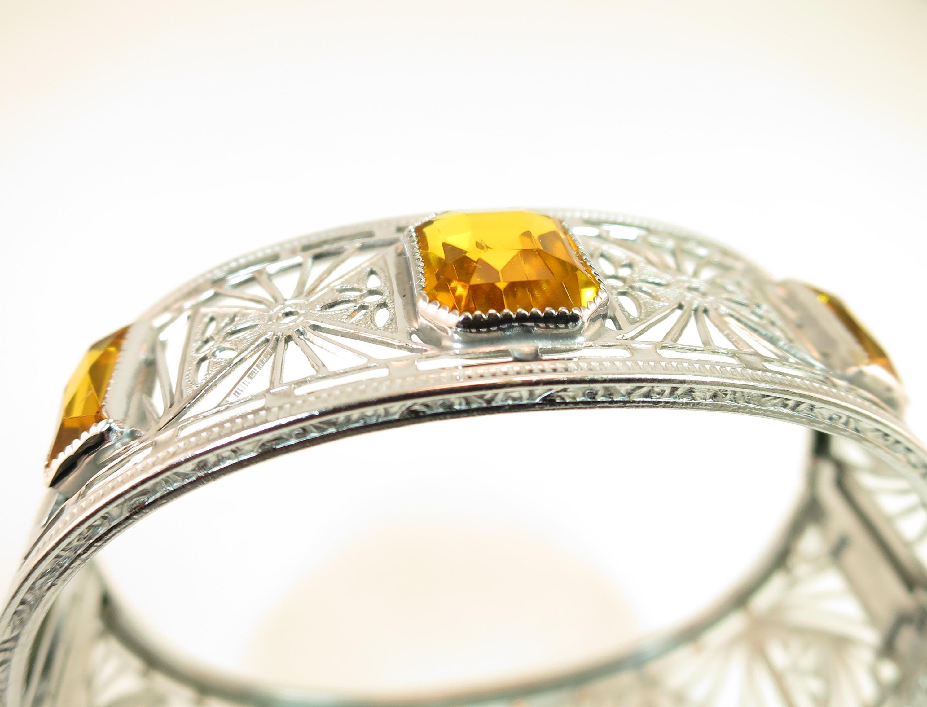 Art Deco Nu-Wite Rhodium & Amber Crystal Spiderweb Filigree Cuff Bracelet For Sale 8
