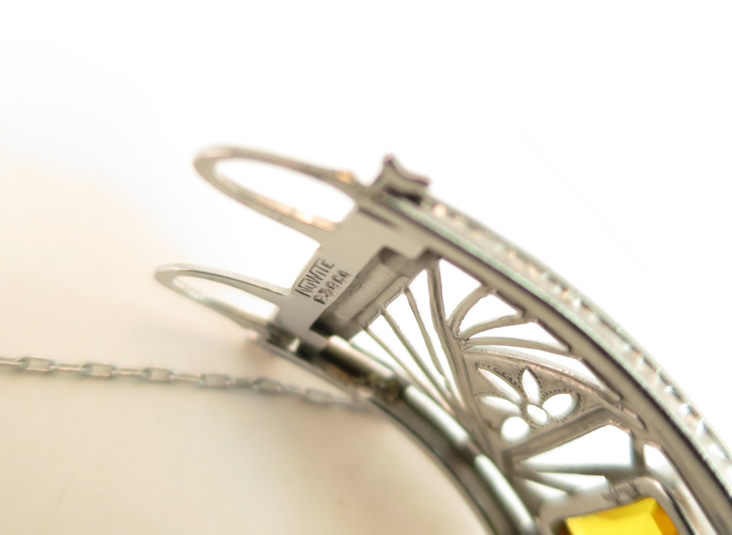 Art Deco Nu-Wite Rhodium & Amber Crystal Spiderweb Filigree Cuff Bracelet For Sale 9