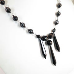 Victorian Mourning Necklace & Earrings of French Jet & Banded Agate, 1890s