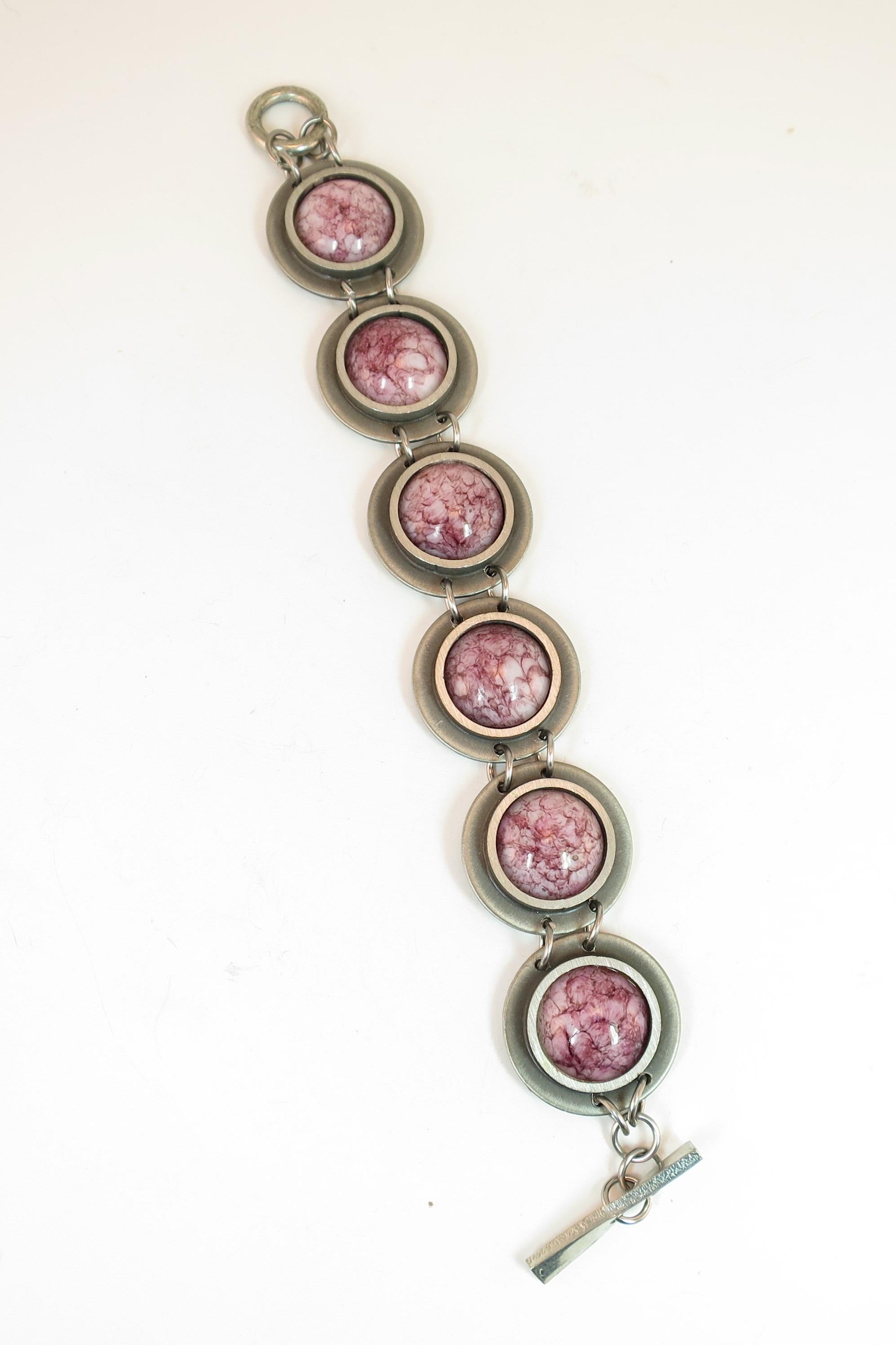 Mid-Century Modern Bent Larsen Denmark Pewter & Art Glass Bracelet 1960s In Good Condition For Sale In Burbank, CA