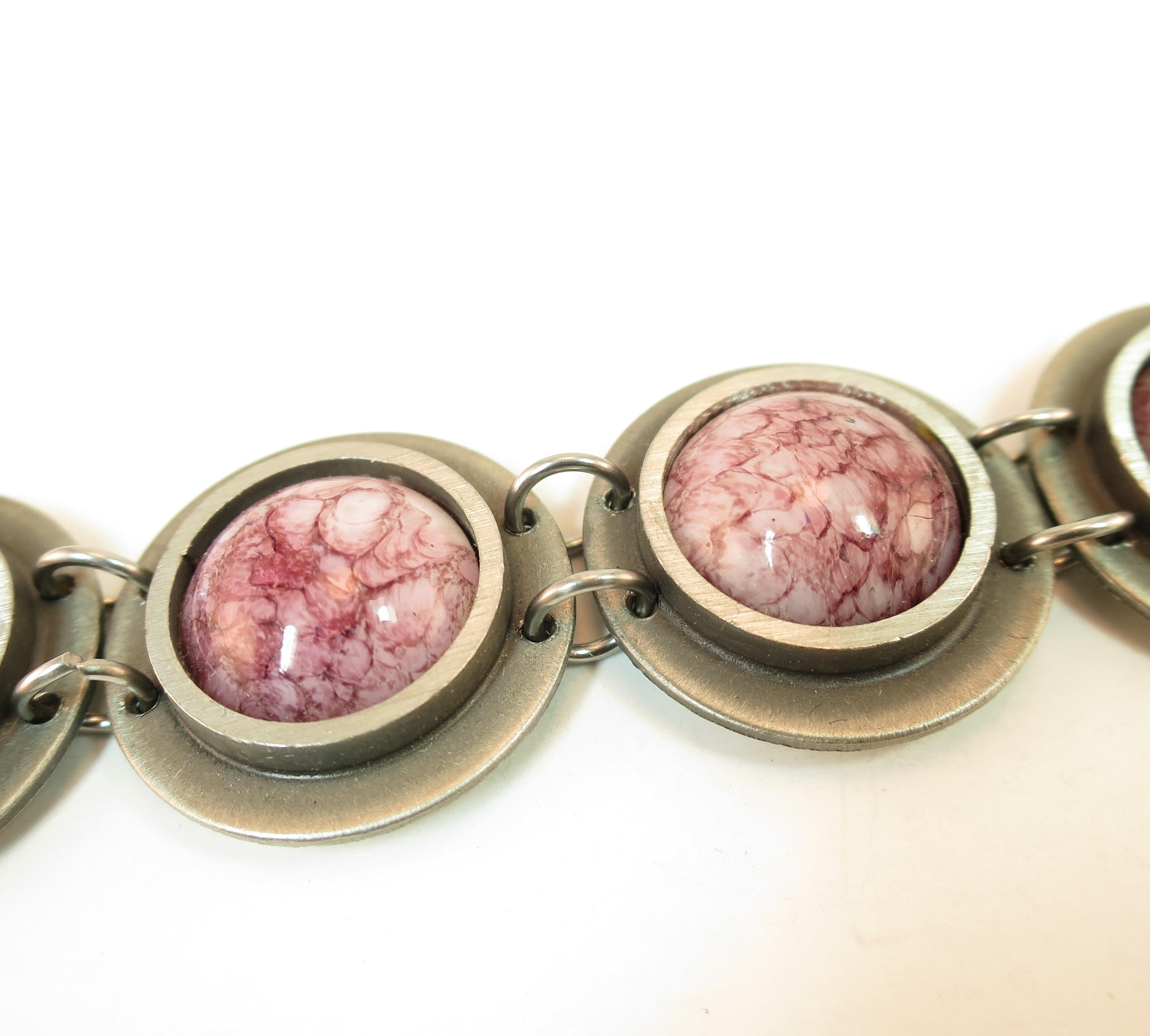 Women's or Men's Mid-Century Modern Bent Larsen Denmark Pewter & Art Glass Bracelet 1960s For Sale