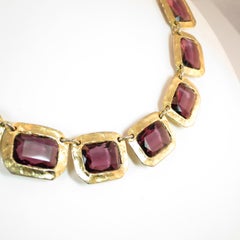 Mid-Century Modern Amethyst Glass Hand-Hammered Linked Collar Necklace 1960s