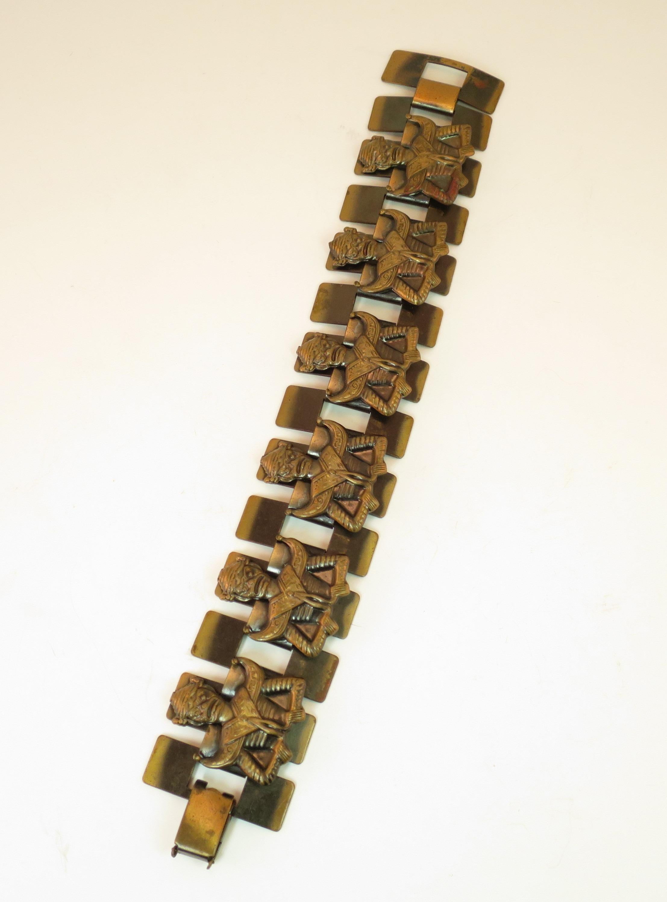 Women's or Men's Mid-Century Modern Asian Warrior Antiqued Copper Bracelet 1950s For Sale
