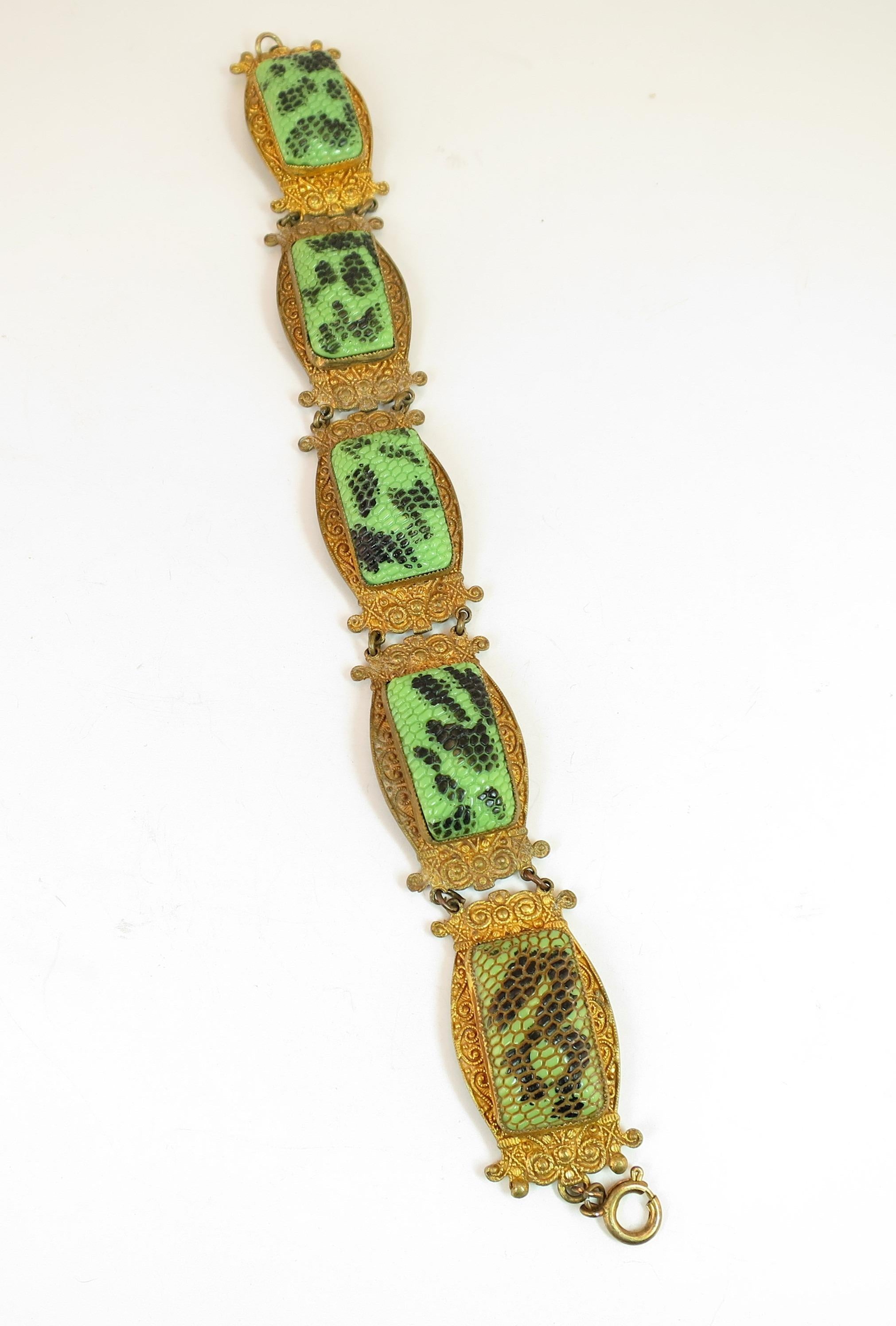 Art Deco Czech Egyptian Revival Snakeskin Glass Bracelet 1920s In Good Condition For Sale In Burbank, CA