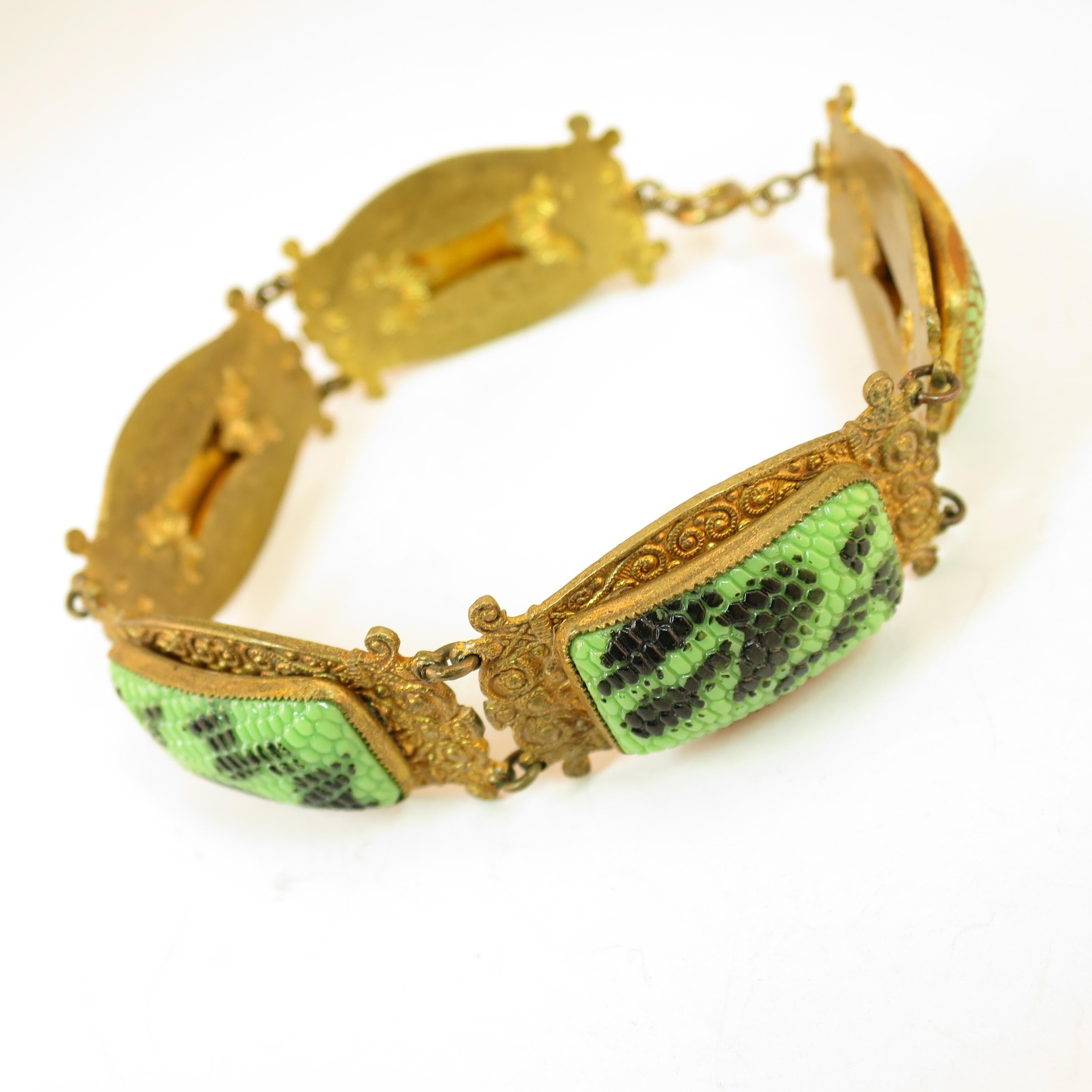 Art Deco Czech Egyptian Revival Snakeskin Glass Bracelet 1920s For Sale 4