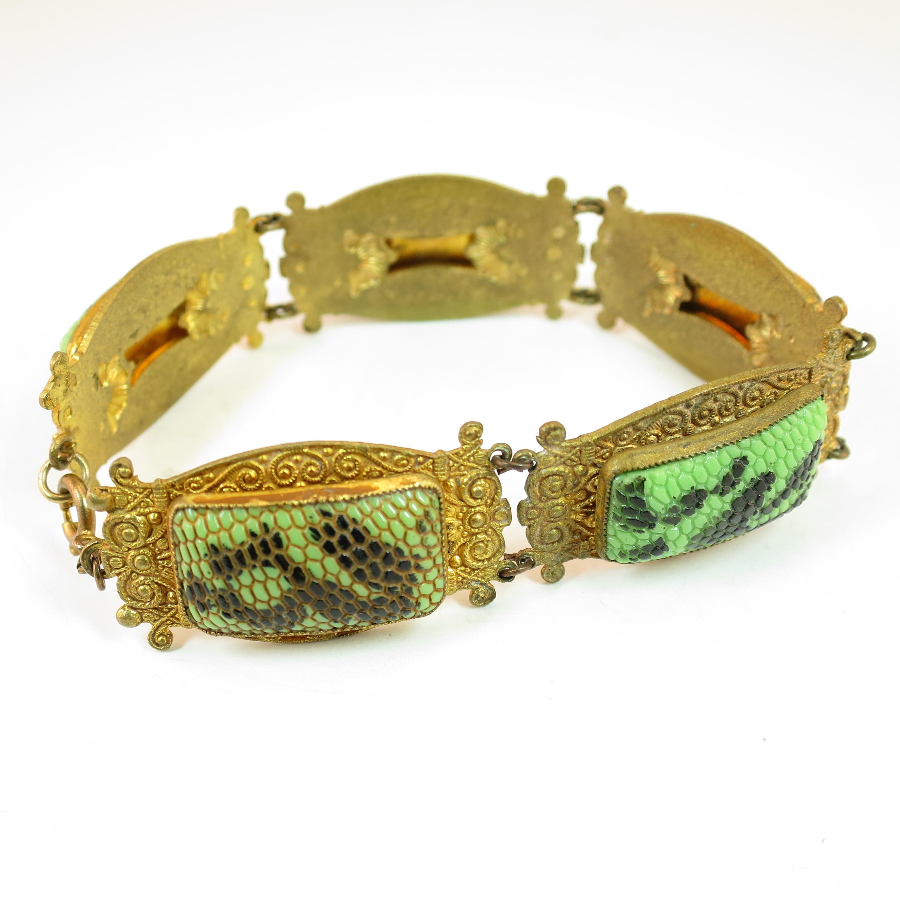 Art Deco Czech Egyptian Revival Snakeskin Glass Bracelet 1920s For Sale 5