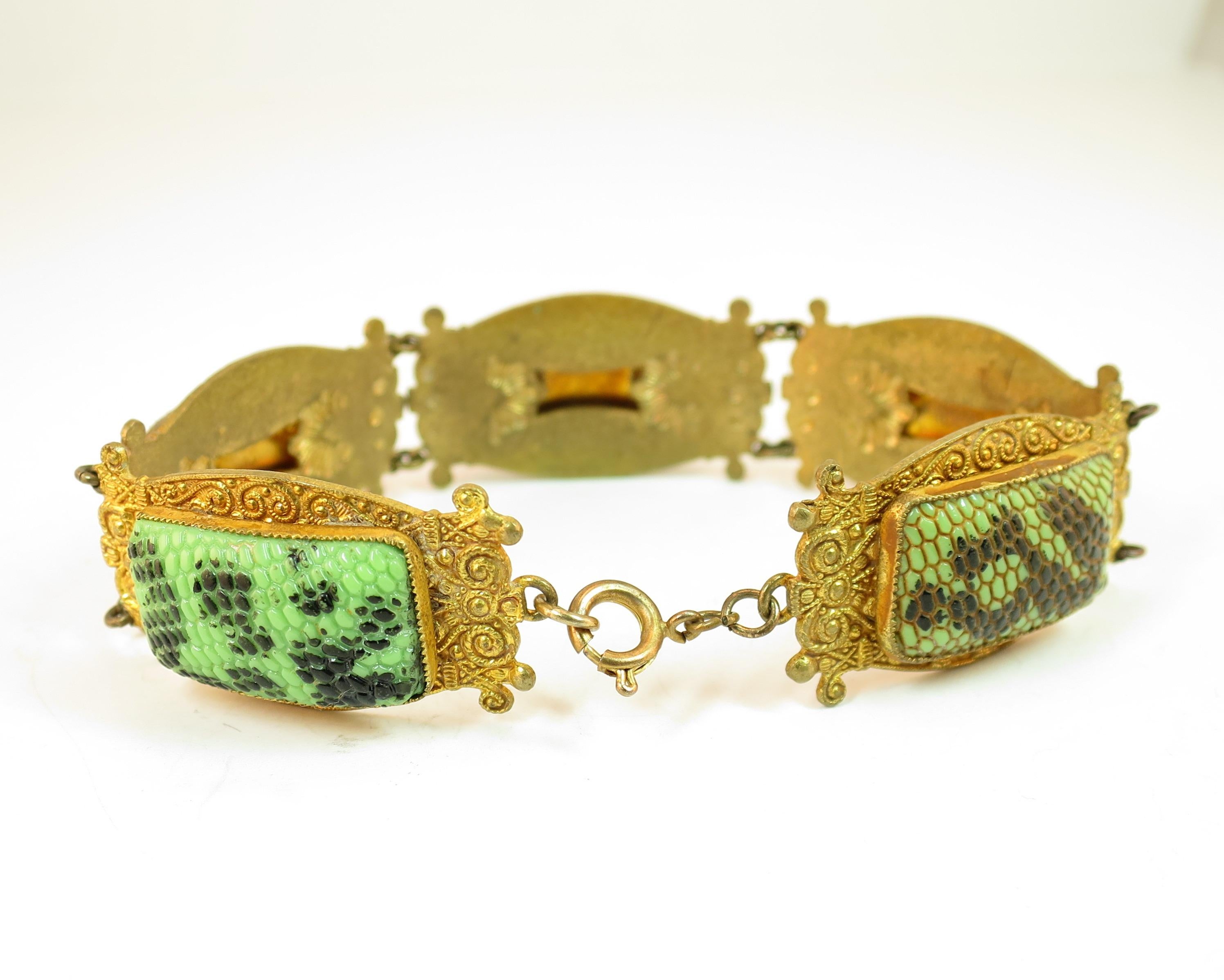 Art Deco Czech Egyptian Revival Snakeskin Glass Bracelet 1920s For Sale 6