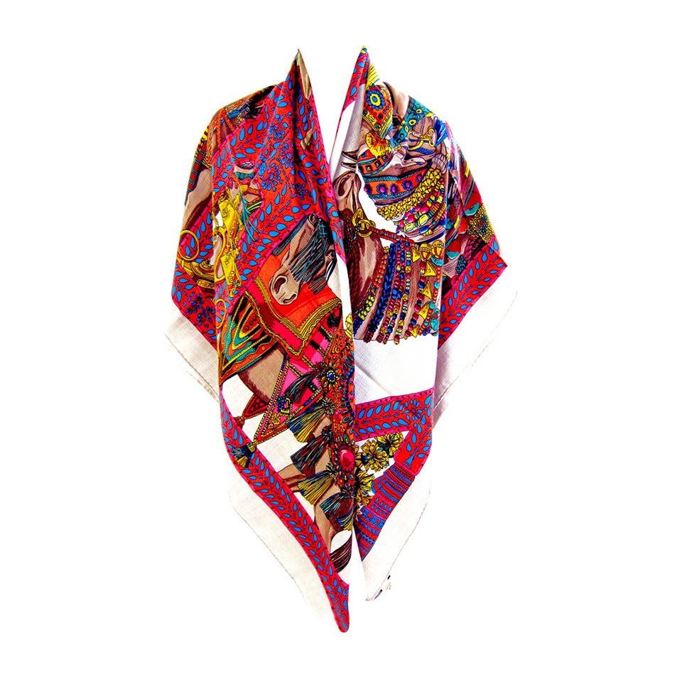 Hermes La Danse du Cheval Marwari Naturel Cashmere Silk Shawl GM Scarf