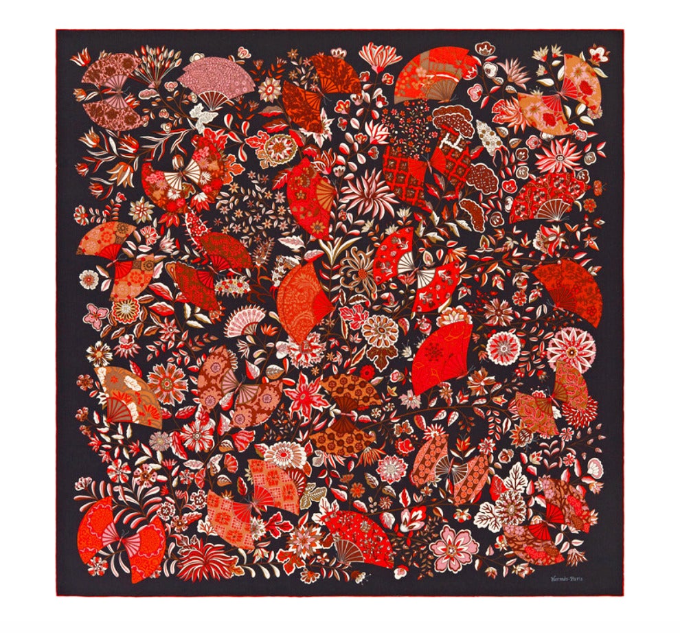 HERMES Fleurs et Papillons de Tissus Cashmere Silk GM Shawl
Brand new in box
Coming store fresh with Hermes ribbon and box.
Sold out of stores and hard to find now
Colors:  Red, Black, Taupe, Brown, Natural, Rose...
Very feminine and classic