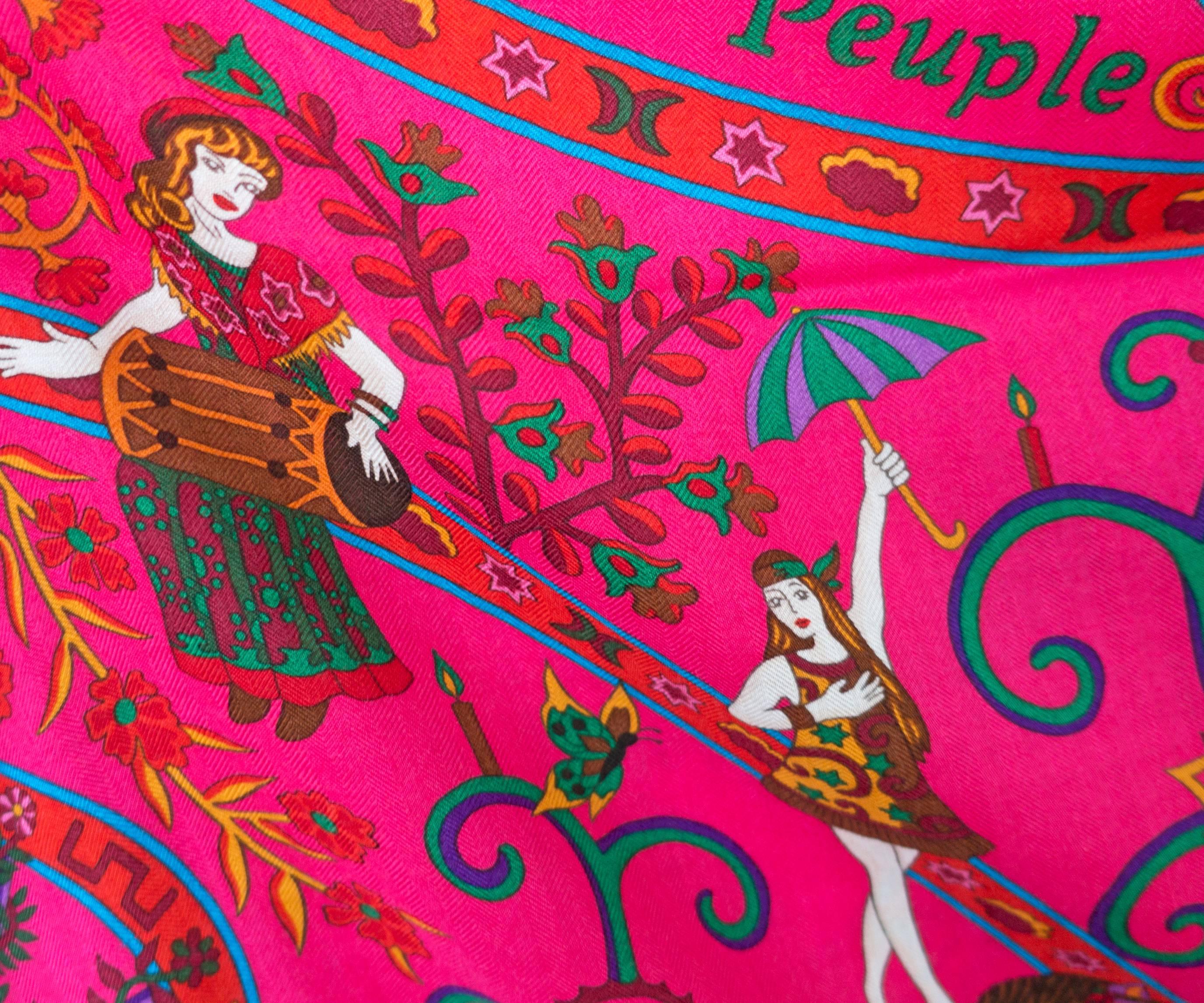 Hermes Peuple Du Vent Rose Orange Pink Cashmere Silk Shawl Scarf GM Gorgeous In New Condition In New York, NY