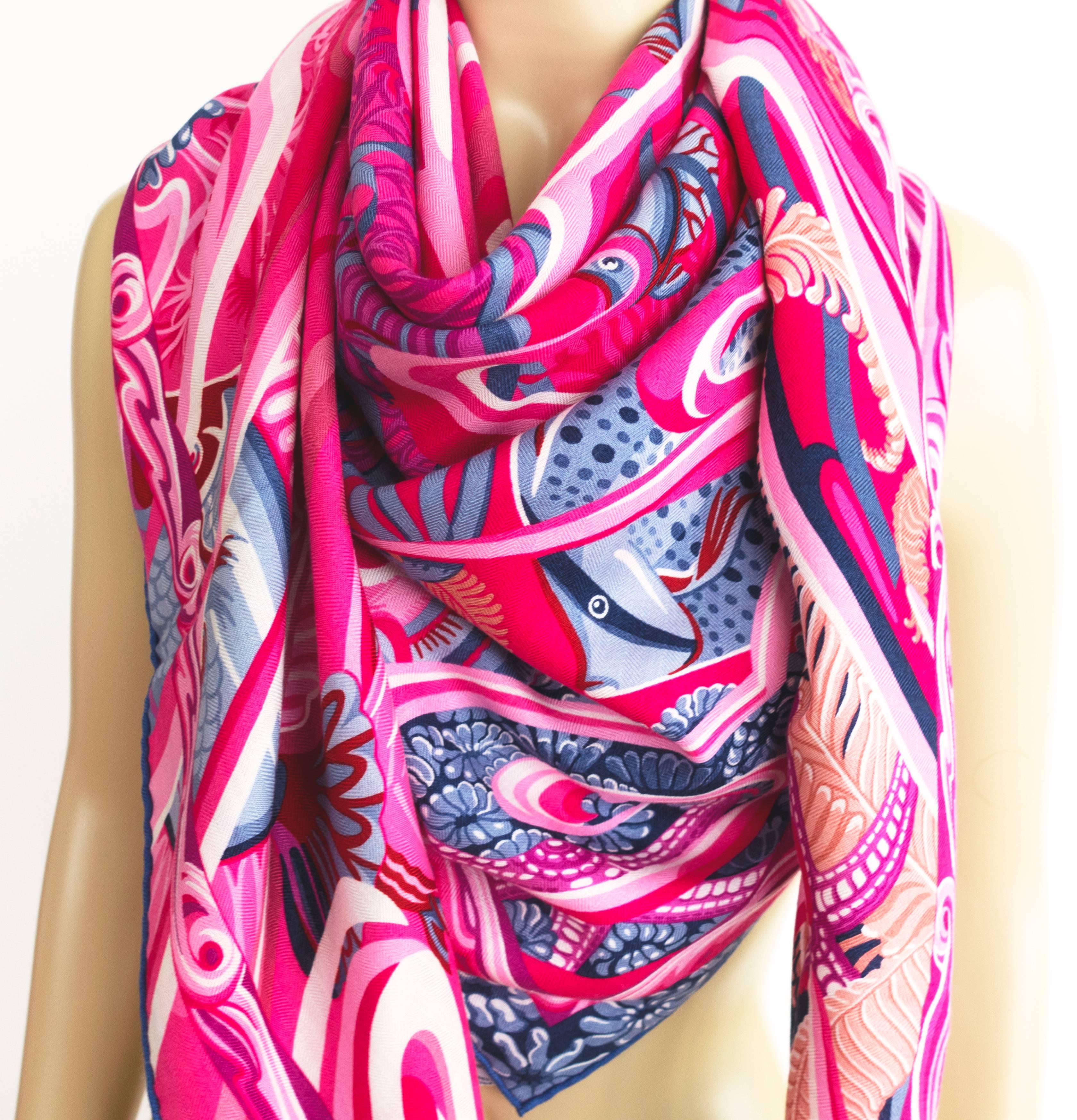 Hermes De la Mer au Ciel Cashmere Silk Shawl Scarf GM Spring
Store fresh. Pristing condition. 
Perfect gift! Comes brand new with Hermes box and Hermes ribbon. 
Colors: Pink, Fuchsia, Grey, Blue, White etc.
Perfect for resort and spring!
Just