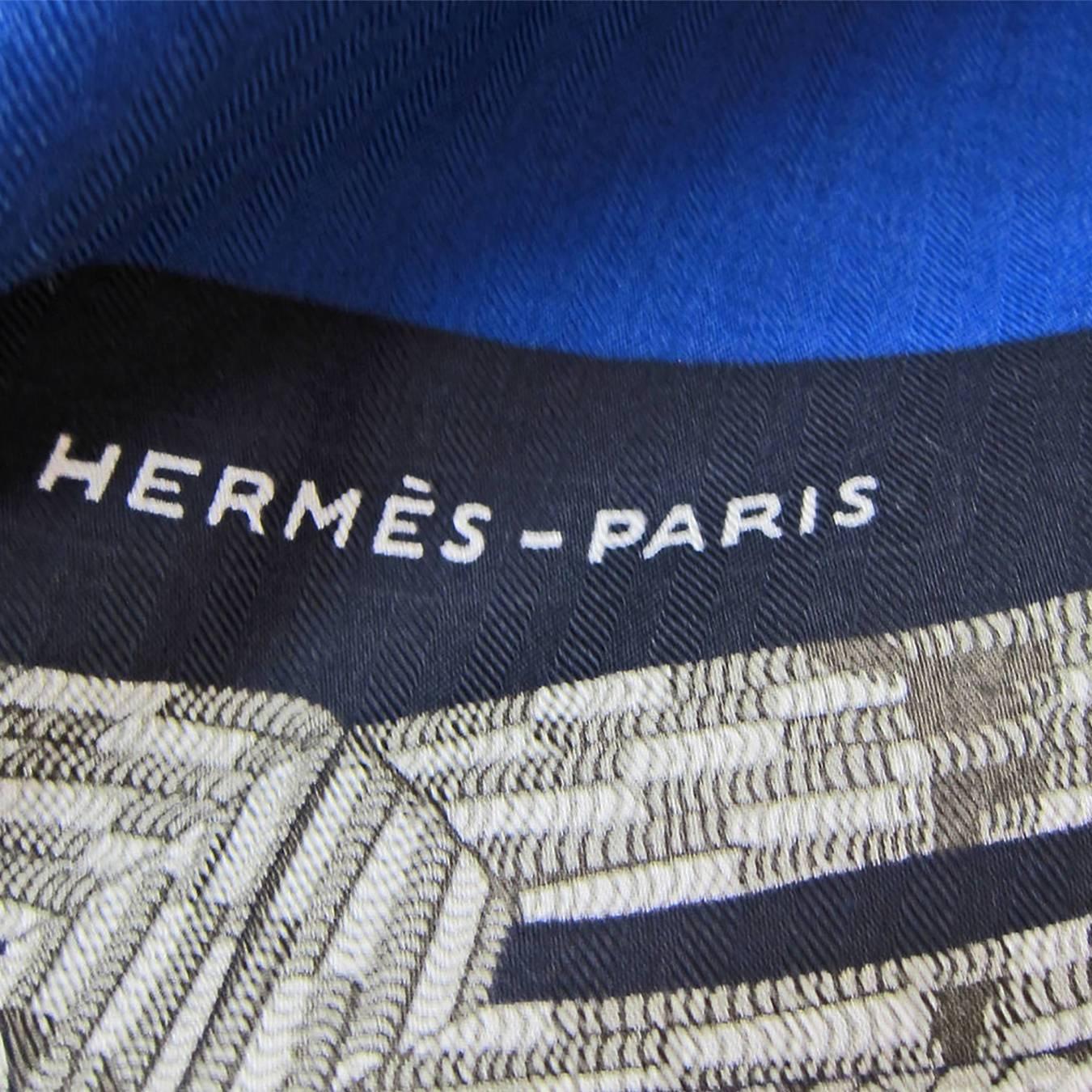 Hermes Brandebourgs Marine Blue Black Cashmere Silk Shawl GM 140cm Rare In New Condition In New York, NY
