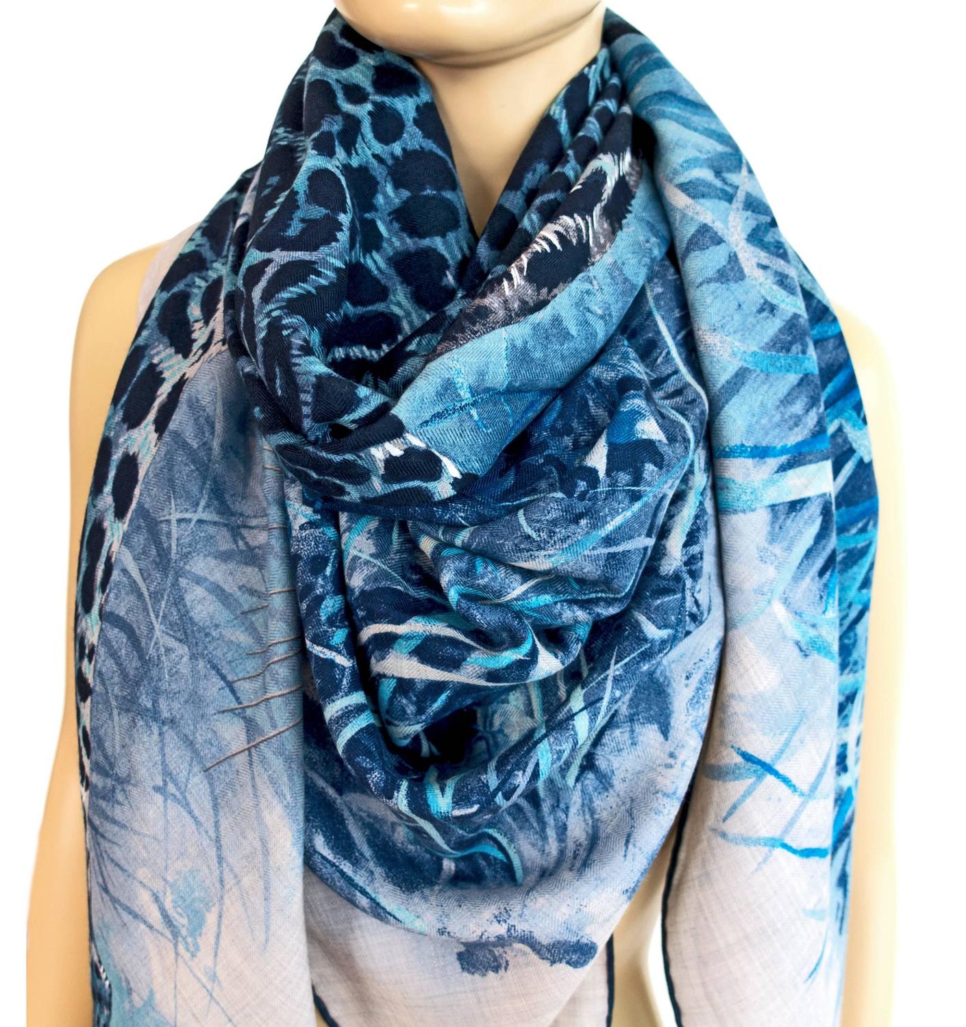 Hermes Blue Grey Panther Cashmere Silk Shawl Scarf Carre GM Amaze ...  