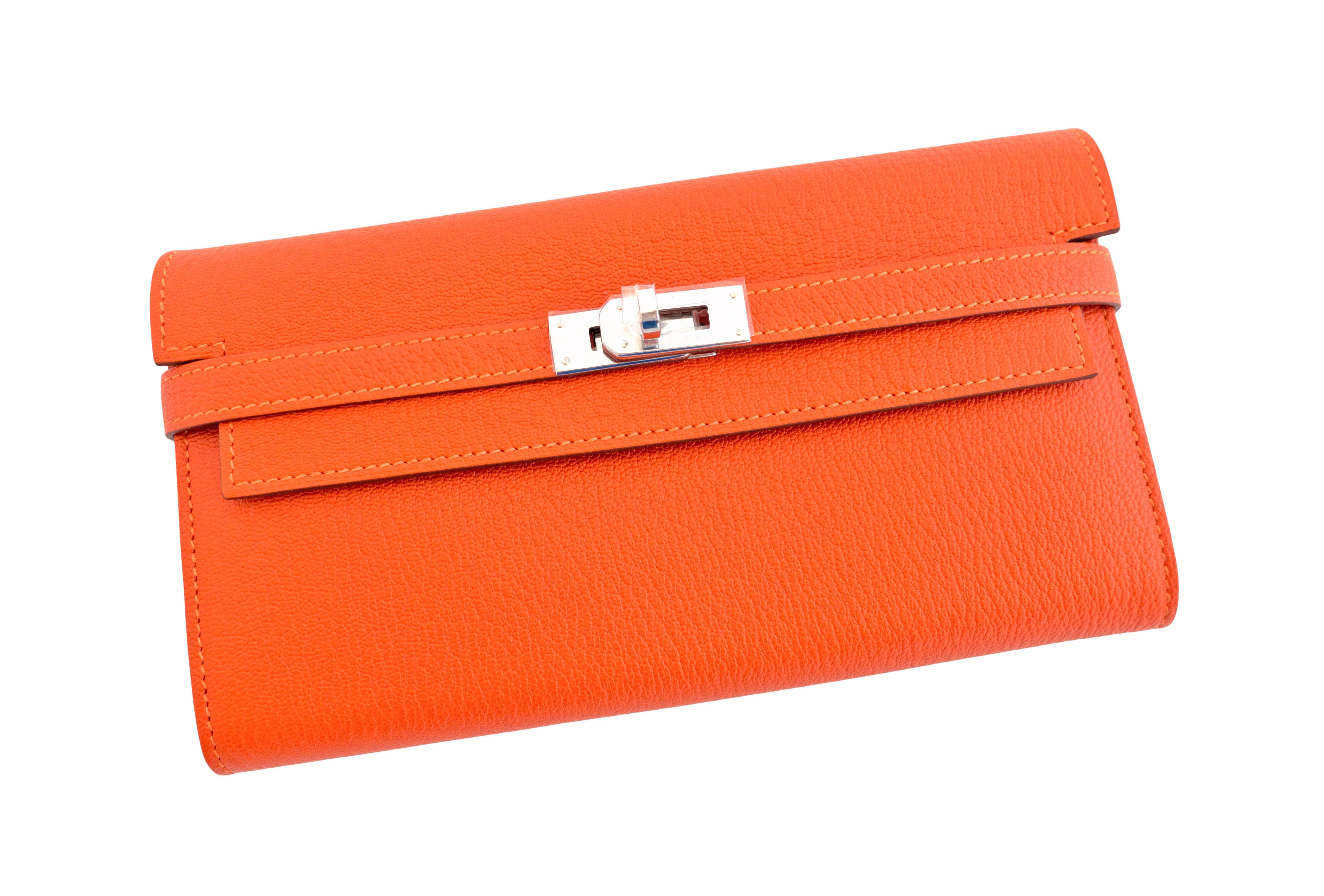 Women's Hermes Feu Orange Kelly Wallet Chevre Palladium PHW Clutch Iconic