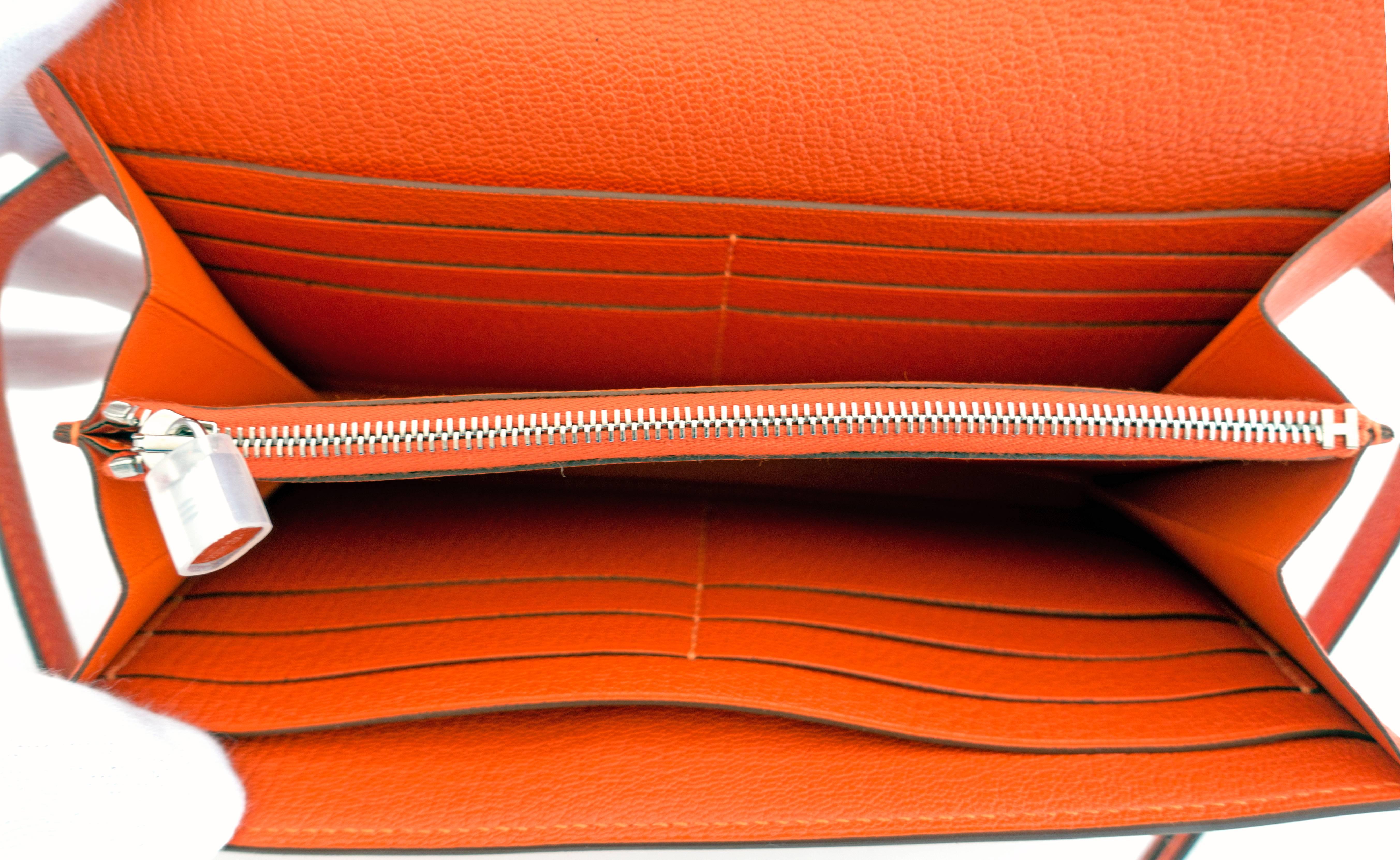 Hermes Feu Orange Kelly Wallet Chevre Palladium PHW Clutch Iconic 1