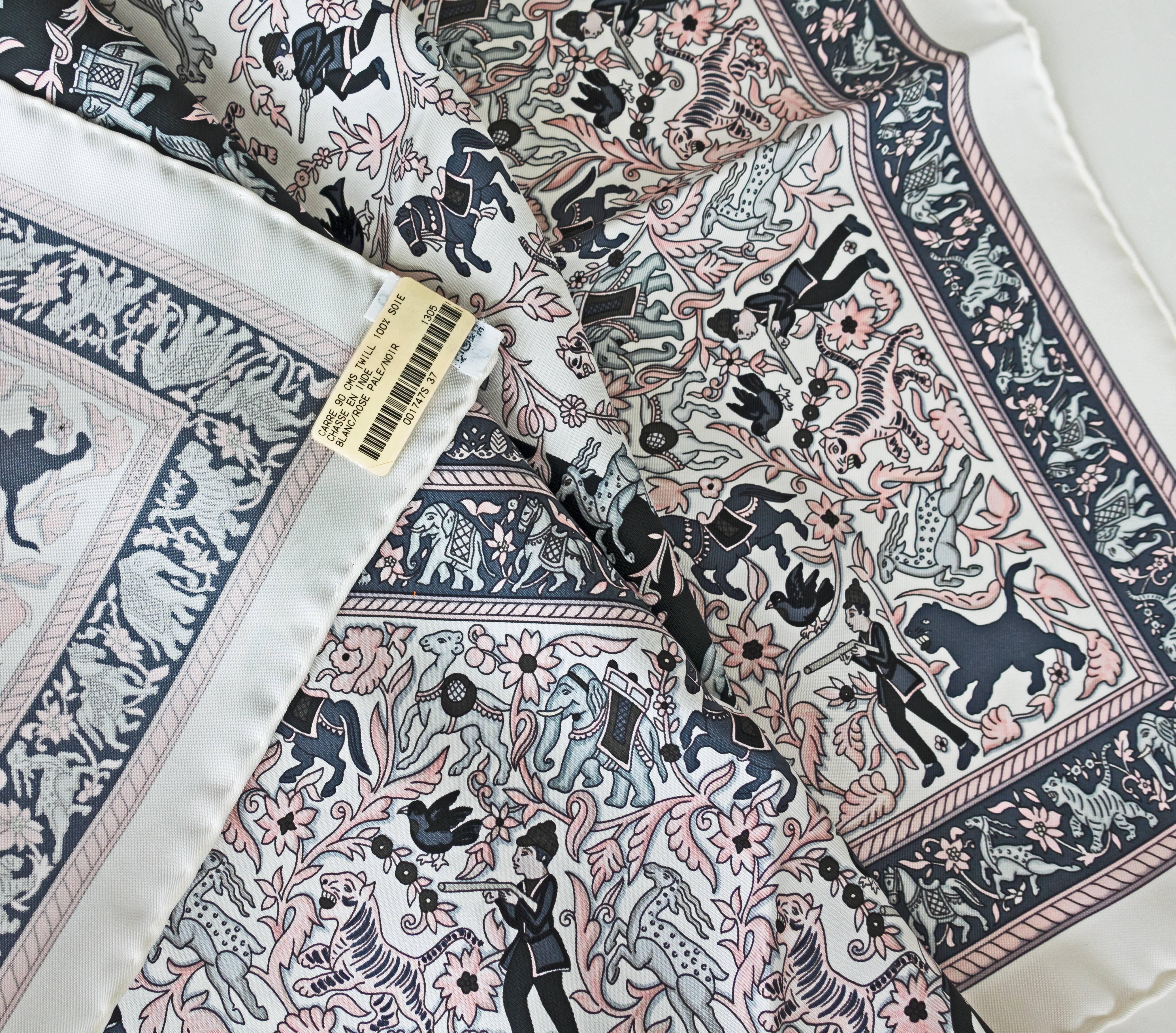 Hermes Chasse en Inde White Pink Grey Black Silk 90cm Scarf Carre Superb In New Condition In New York, NY