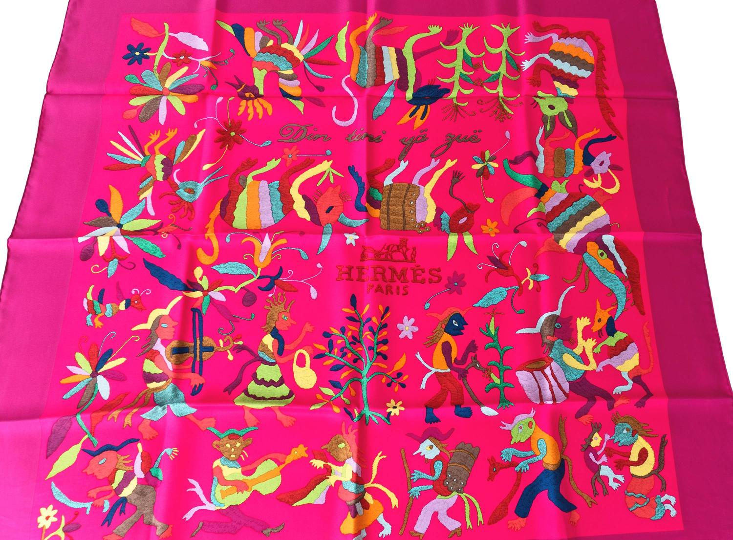 HERMES Din Tini Ya Zue Fuchsia Pink Silk Scarf Carre 90cm Gorgeous ...  
