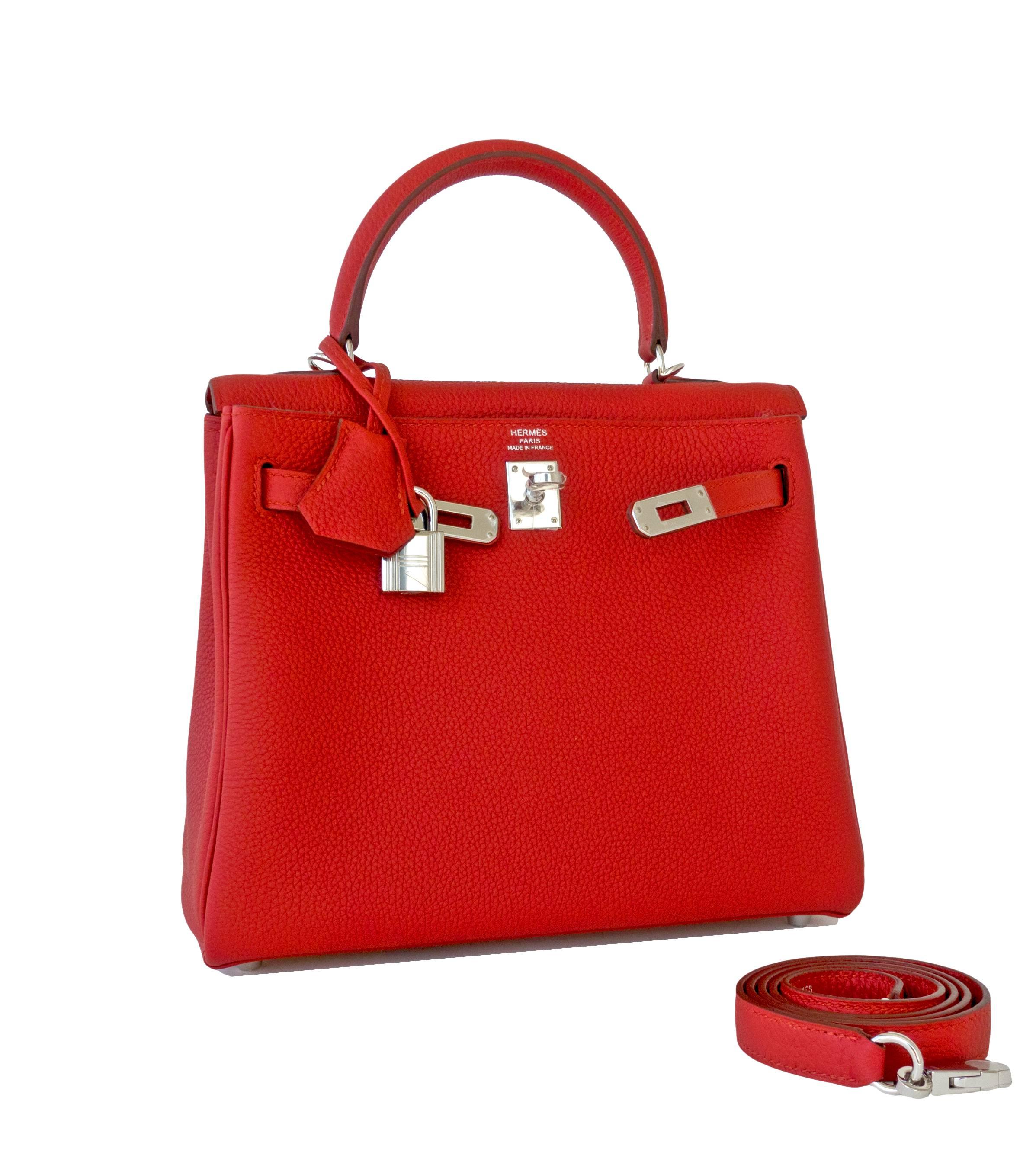 Hermes Vermillion 25cm Lipstick Red Togo Mini Kelly Bag Palladium Rare Jewel 
Brand New in Box. T stamp. Store fresh.
Comes full set with keys, lock, clochette, sleeper, rain protector, felt protective cover, Hermes box and ribbon.
Here it is- a